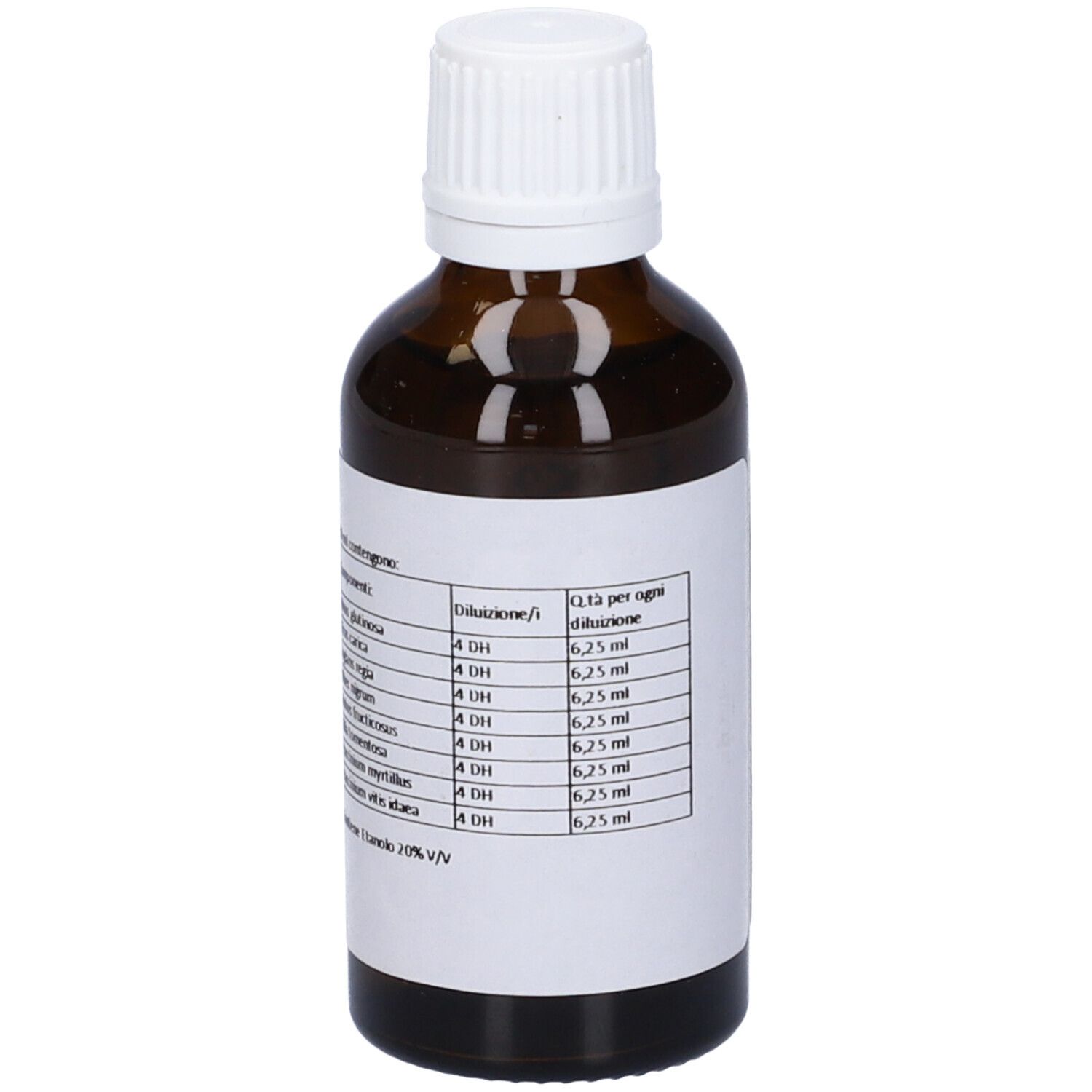 Flacone di vetro marrone con tappo bianco. Etichetta con testo. Nome prodotto: DRE 5. Elenco degli ingredienti e diluizione.