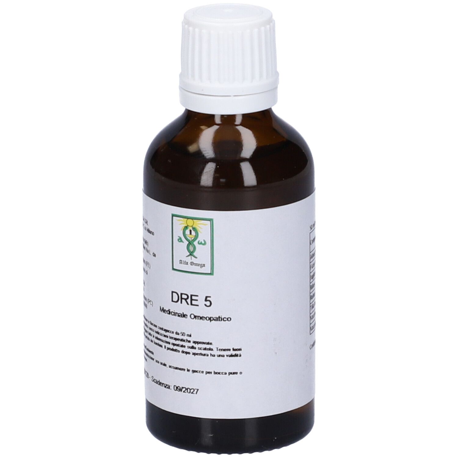 Flacone di vetro marrone con tappo bianco. Etichetta con testo e logo. Nome prodotto: DRE 5. Medicinale omeopatico.