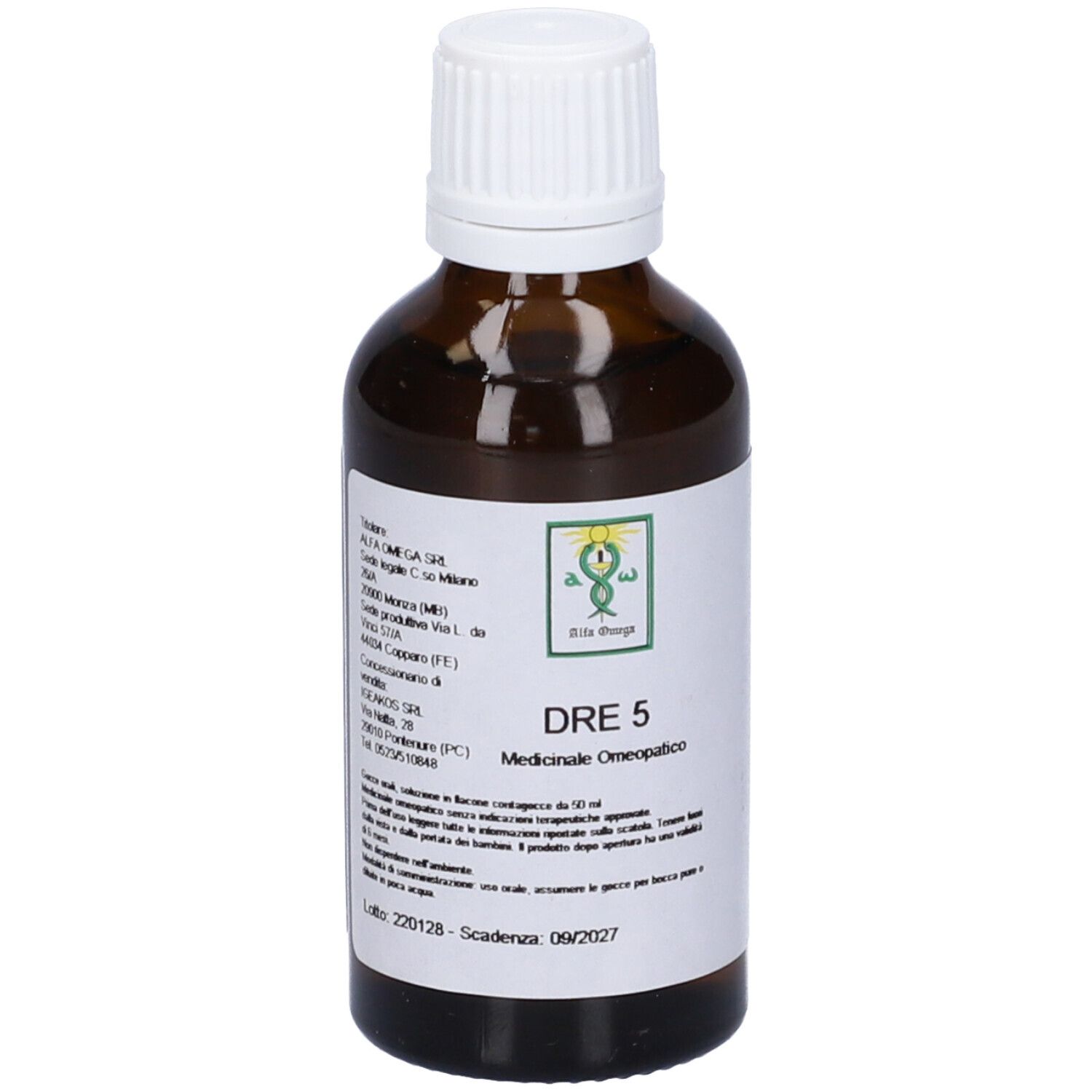 Flacone di vetro marrone con tappo bianco. Etichetta con testo e logo. Nome prodotto: DRE 5. Medicinale omeopatico.