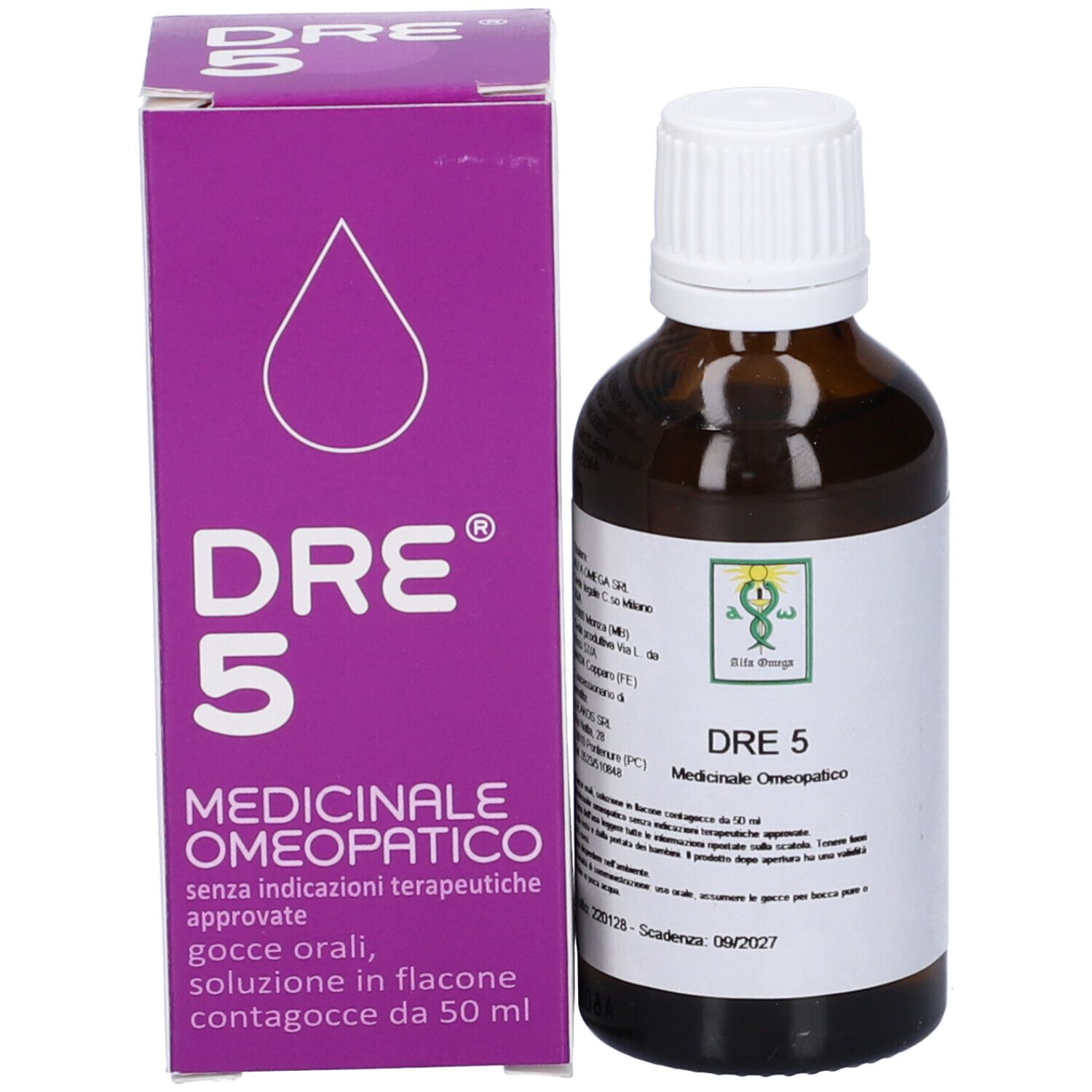 Prodotto DRE 5 e confezione. Scatola viola e flacone marrone. Nome prodotto: DRE 5. Medicinale omeopatico.