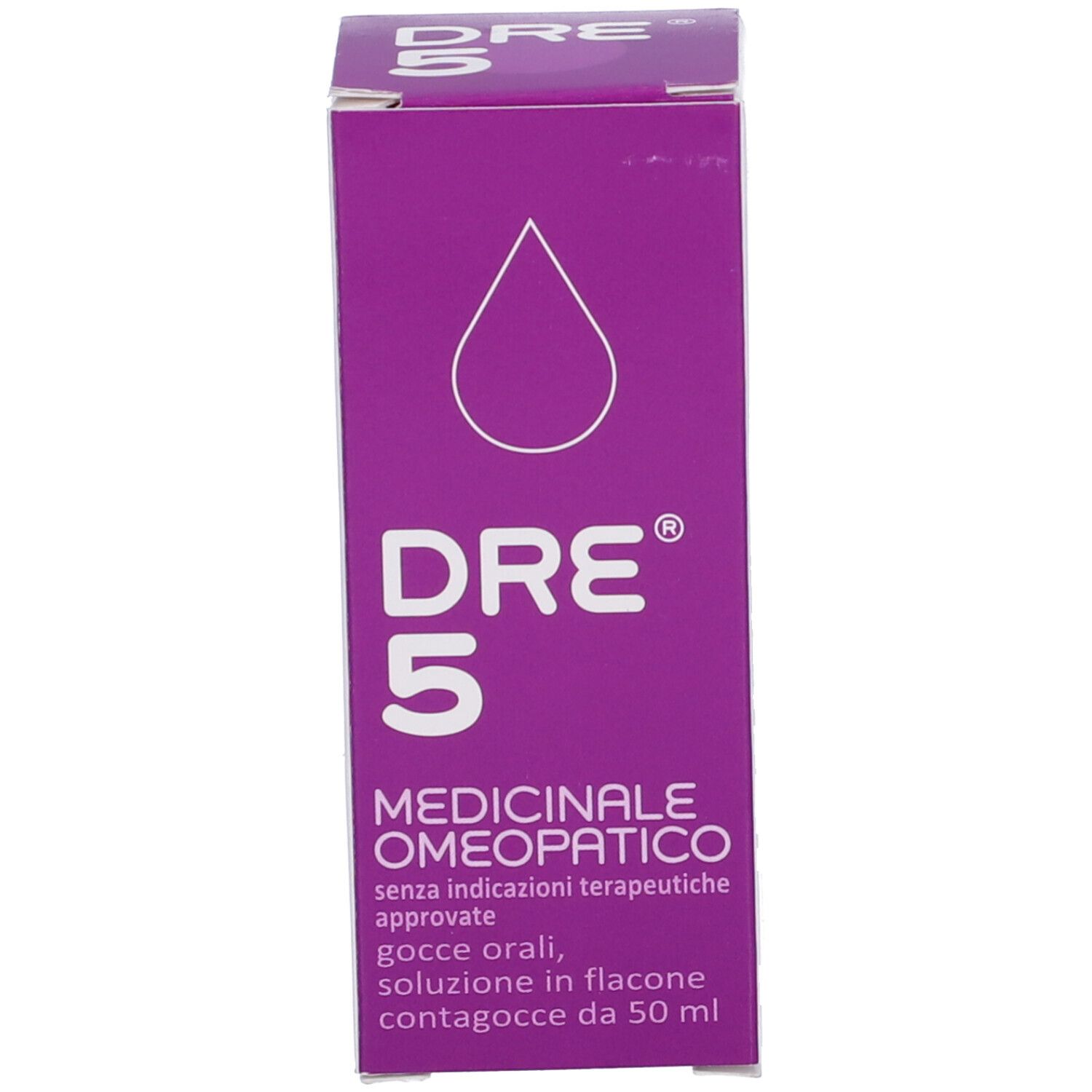 Scatola viola con nome prodotto DRE 5. Medicinale omeopatico. Gocce, soluzione in flacone.