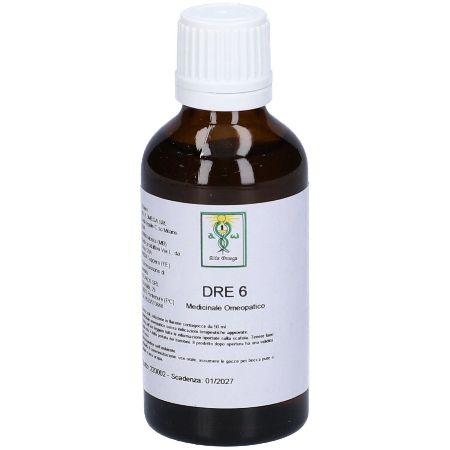 Flacone di vetro marrone con tappo bianco. Etichetta con testo: DRE 6, Medicinale Omeopatico. Logo.