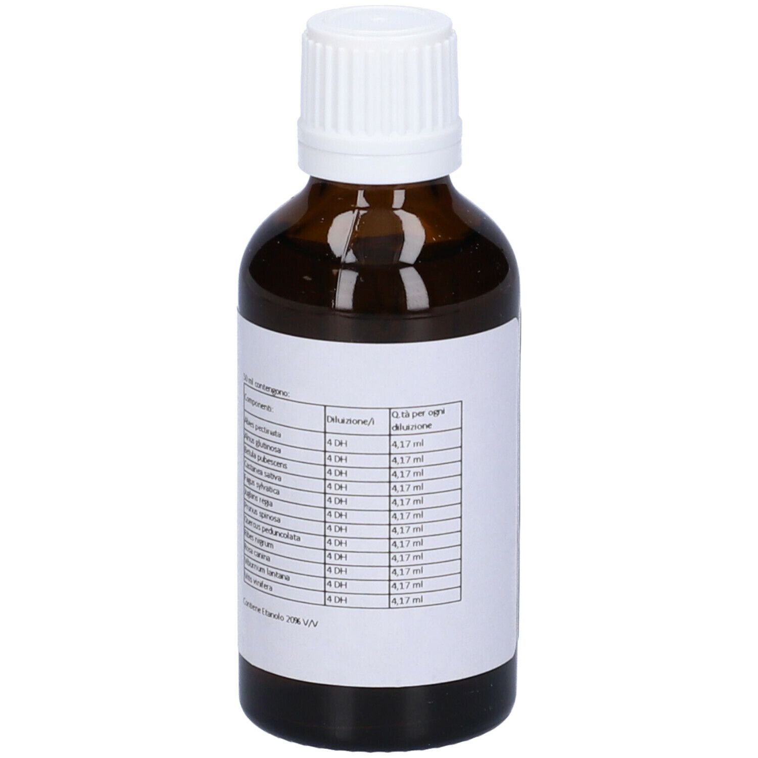 Flacone di vetro marrone con tappo bianco. Etichetta con elenco ingredienti e dosaggio.