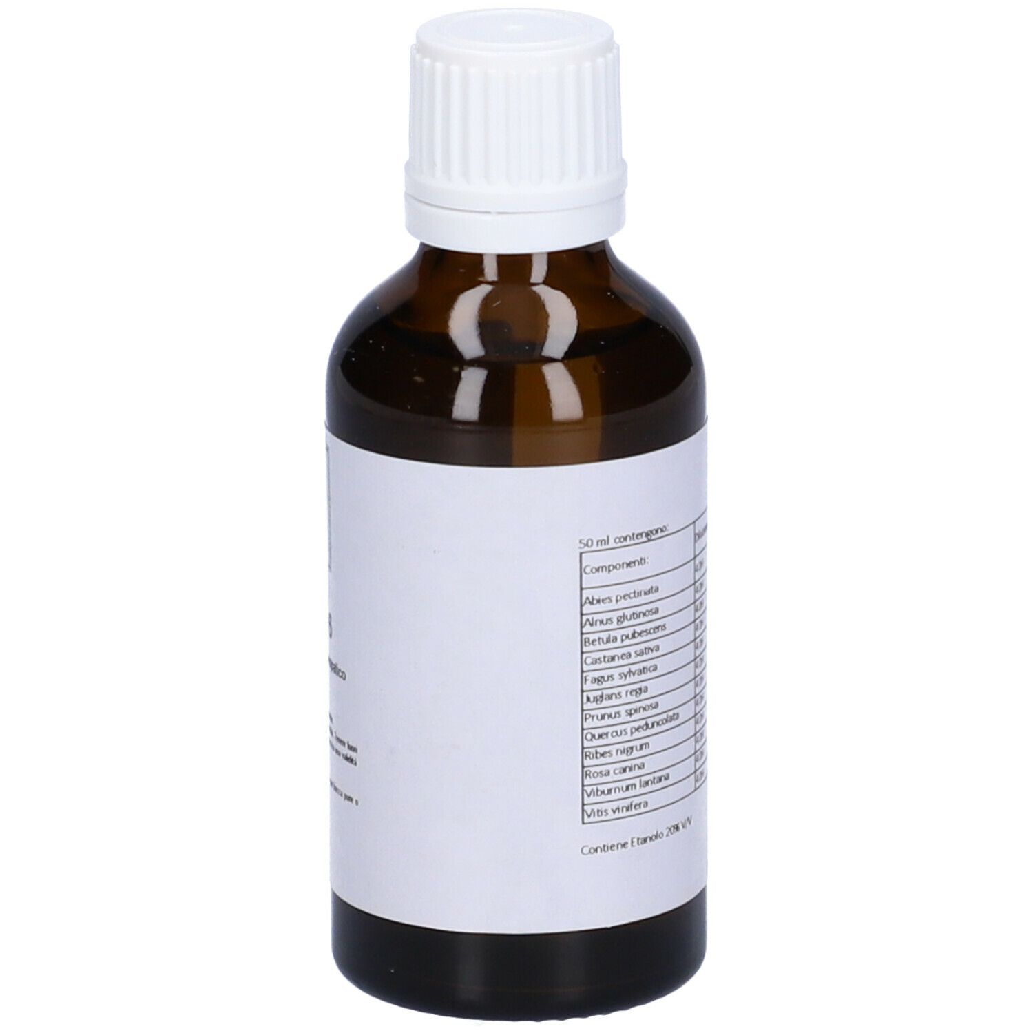 Flacone di vetro marrone con tappo bianco. Etichetta con ingredienti e dosaggio.