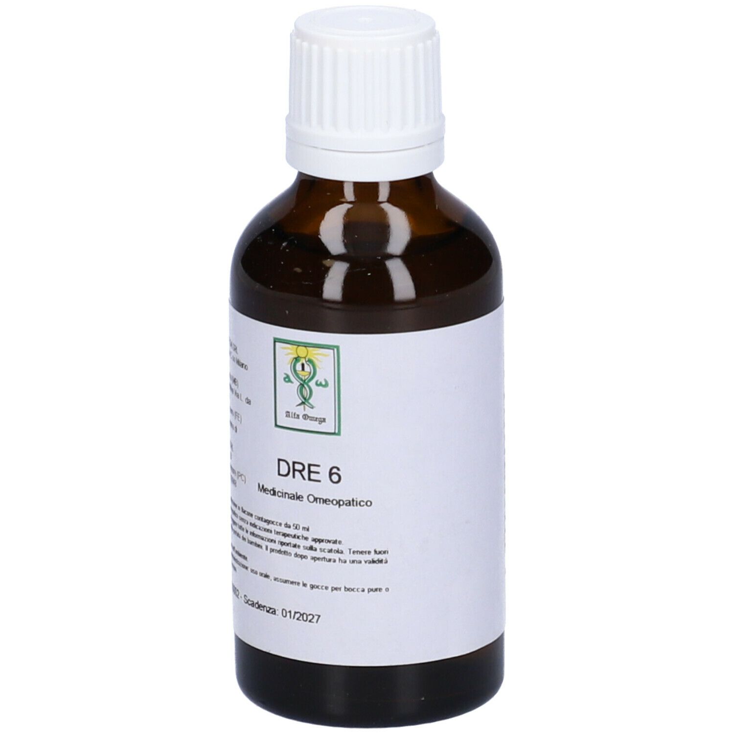 Flacone di vetro marrone con tappo bianco. Etichetta con testo: DRE 6, Medicinale Omeopatico. Logo.