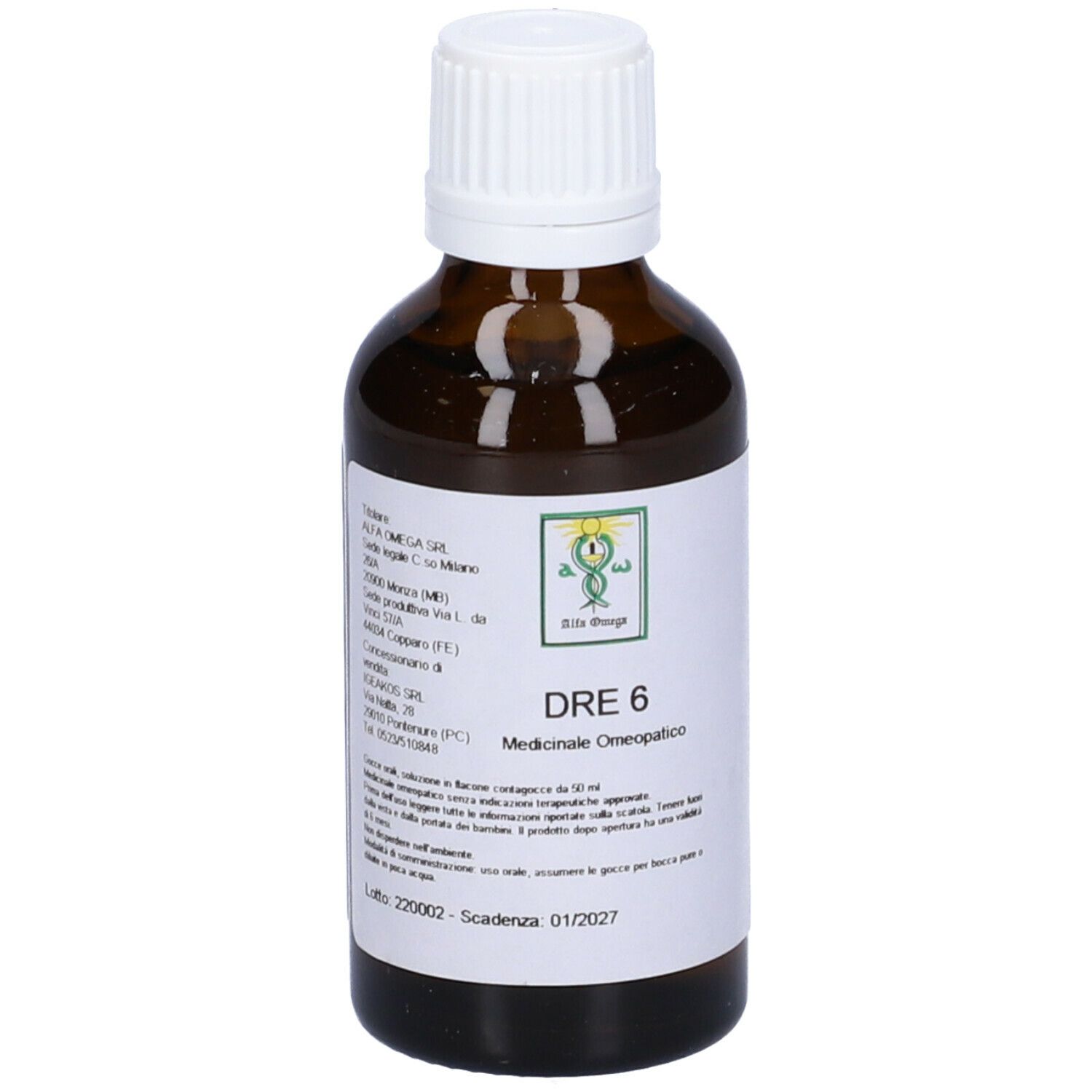 Flacone di vetro marrone con tappo bianco. Etichetta con testo: DRE 6, Medicinale Omeopatico. Logo.