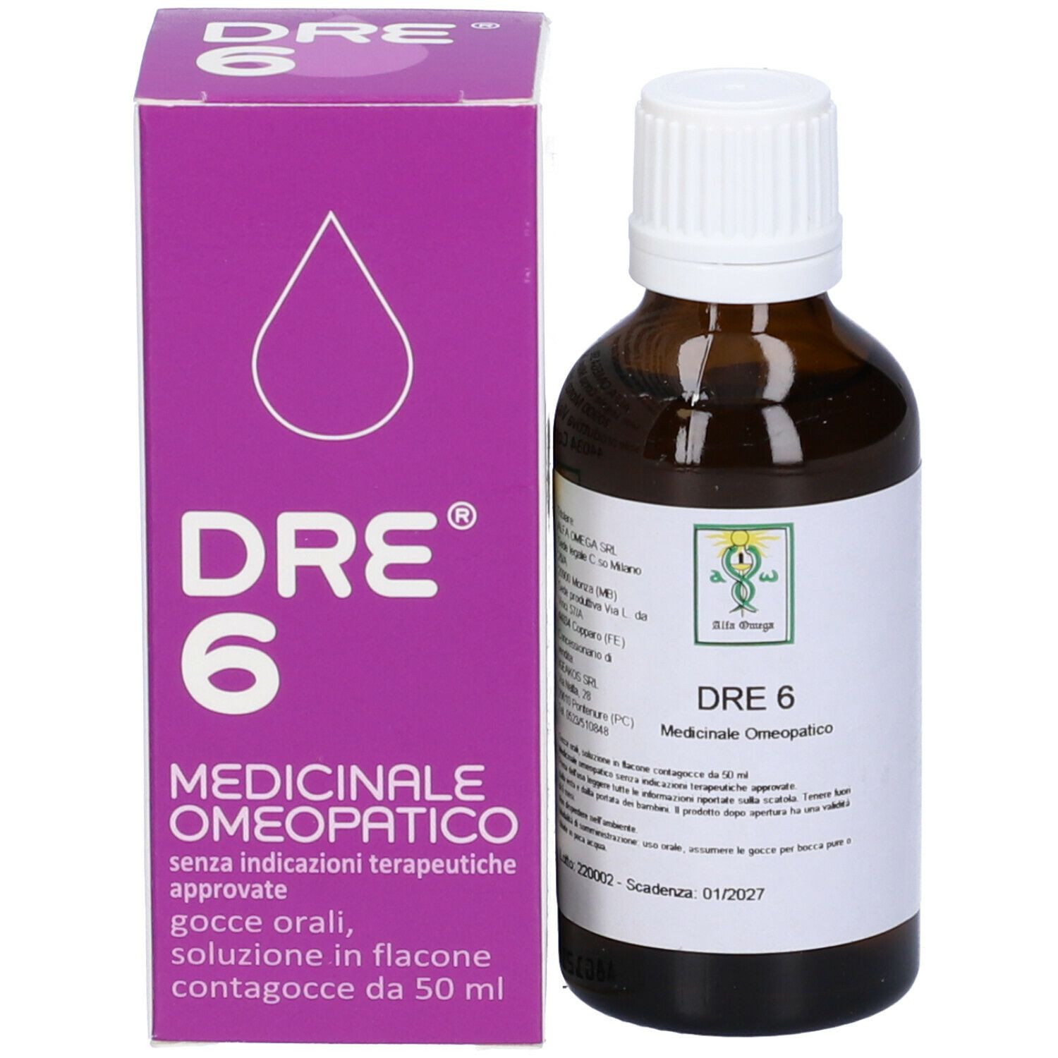 Confezione del prodotto con flacone. Scatola viola con testo: DRE 6, Medicinale Omeopatico. Flacone accanto.