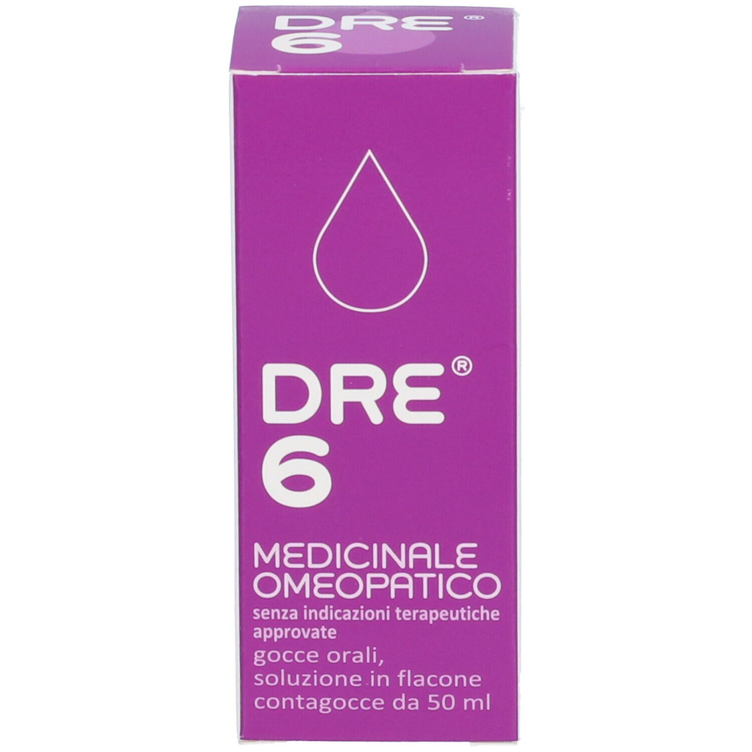 Scatola viola con testo: DRE 6, Medicinale Omeopatico. Simbolo di goccia.