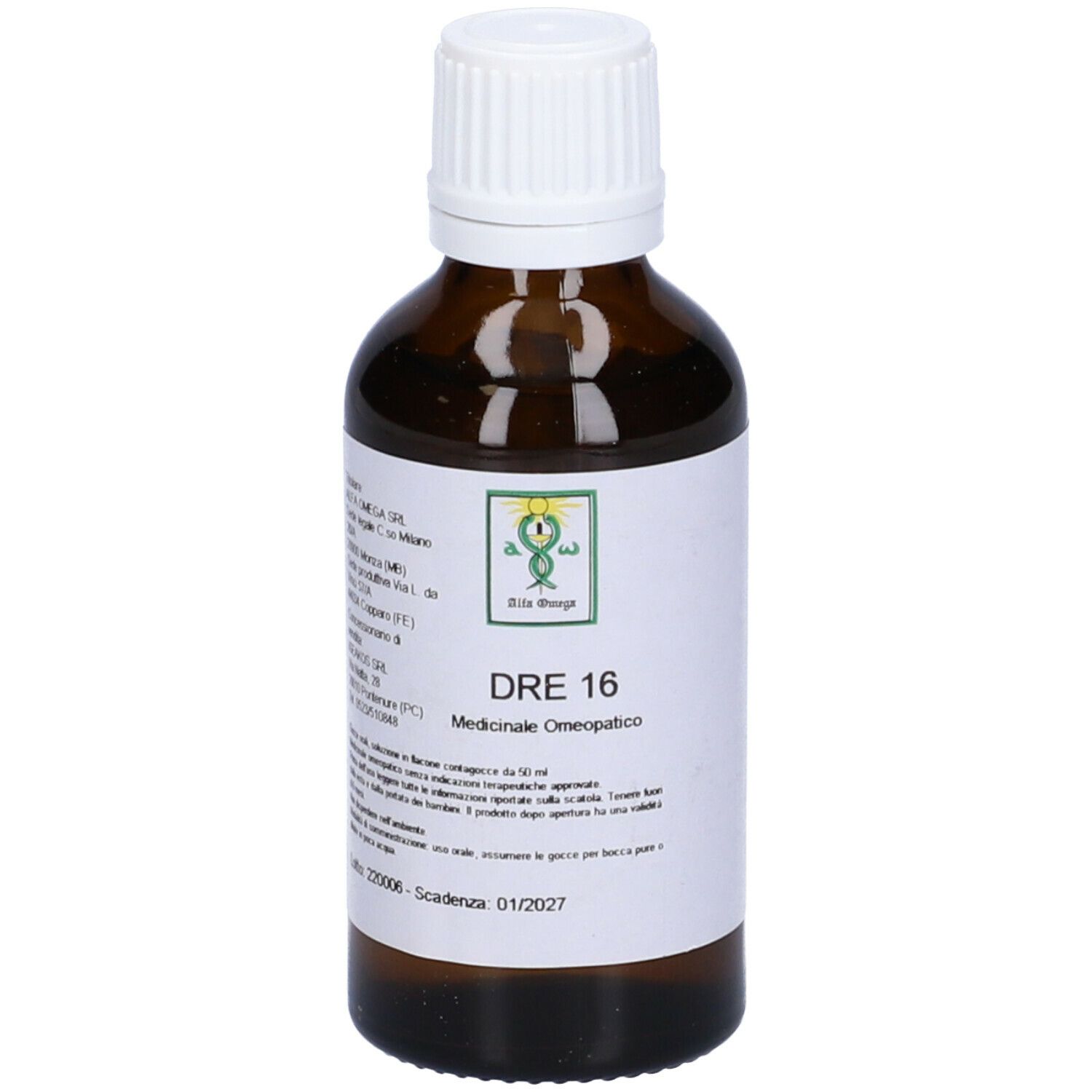 Flacone di vetro marrone con tappo bianco. Etichetta con testo: DRE 16, Medicinale omeopatico. Logo verde.