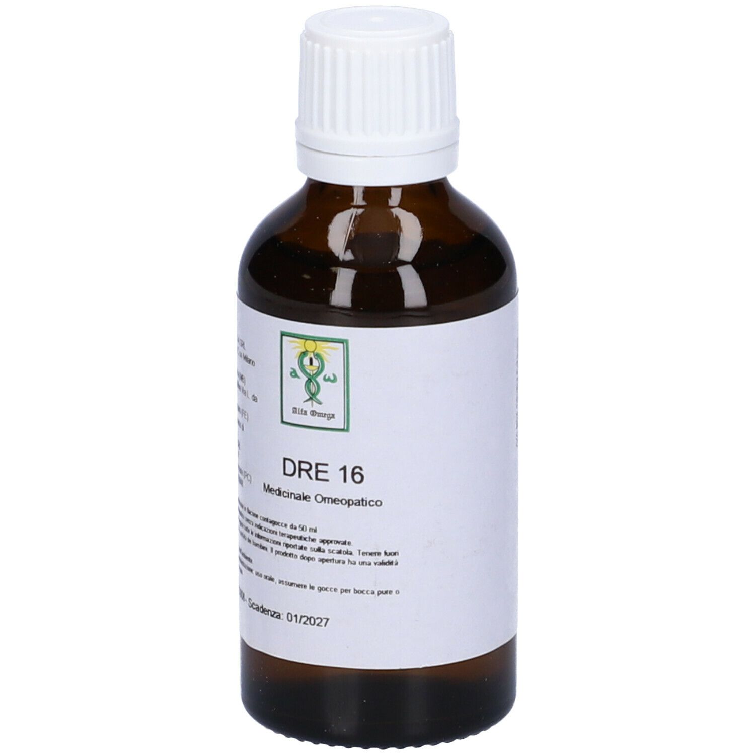 Flacone di vetro marrone con tappo bianco. Etichetta con testo: DRE 16, Medicinale omeopatico. Logo verde.