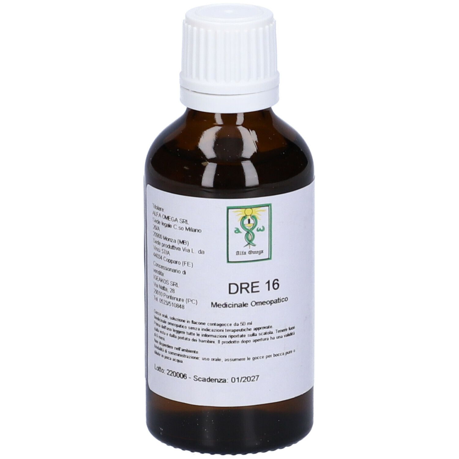 Flacone di vetro marrone con tappo bianco. Etichetta con testo: DRE 16, Medicinale omeopatico. Logo verde.
