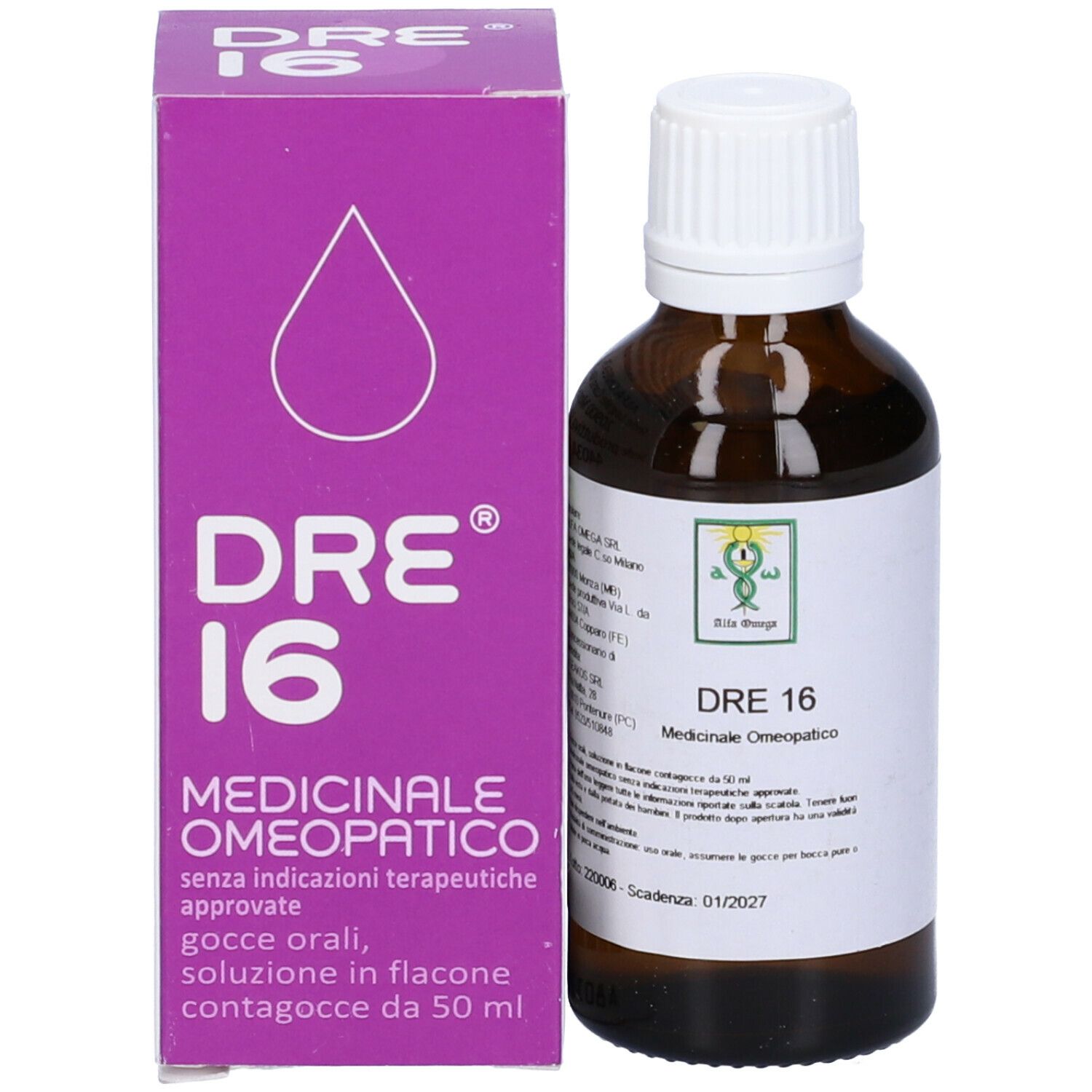 Flacone di vetro marrone con tappo bianco e scatola viola. Scritta: DRE 16, Medicinale omeopatico. Logo verde.