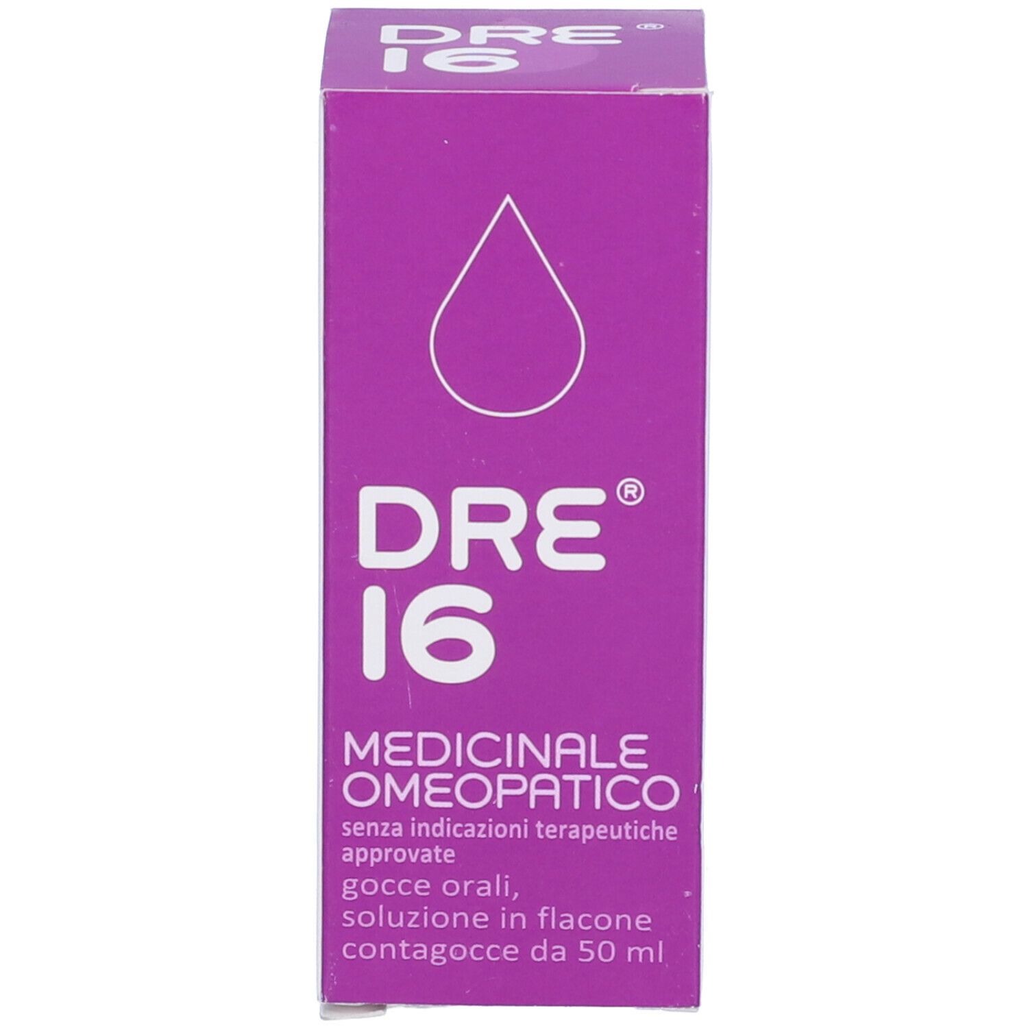 Scatola viola con scritta: DRE 16, Medicinale omeopatico. Simbolo della goccia.