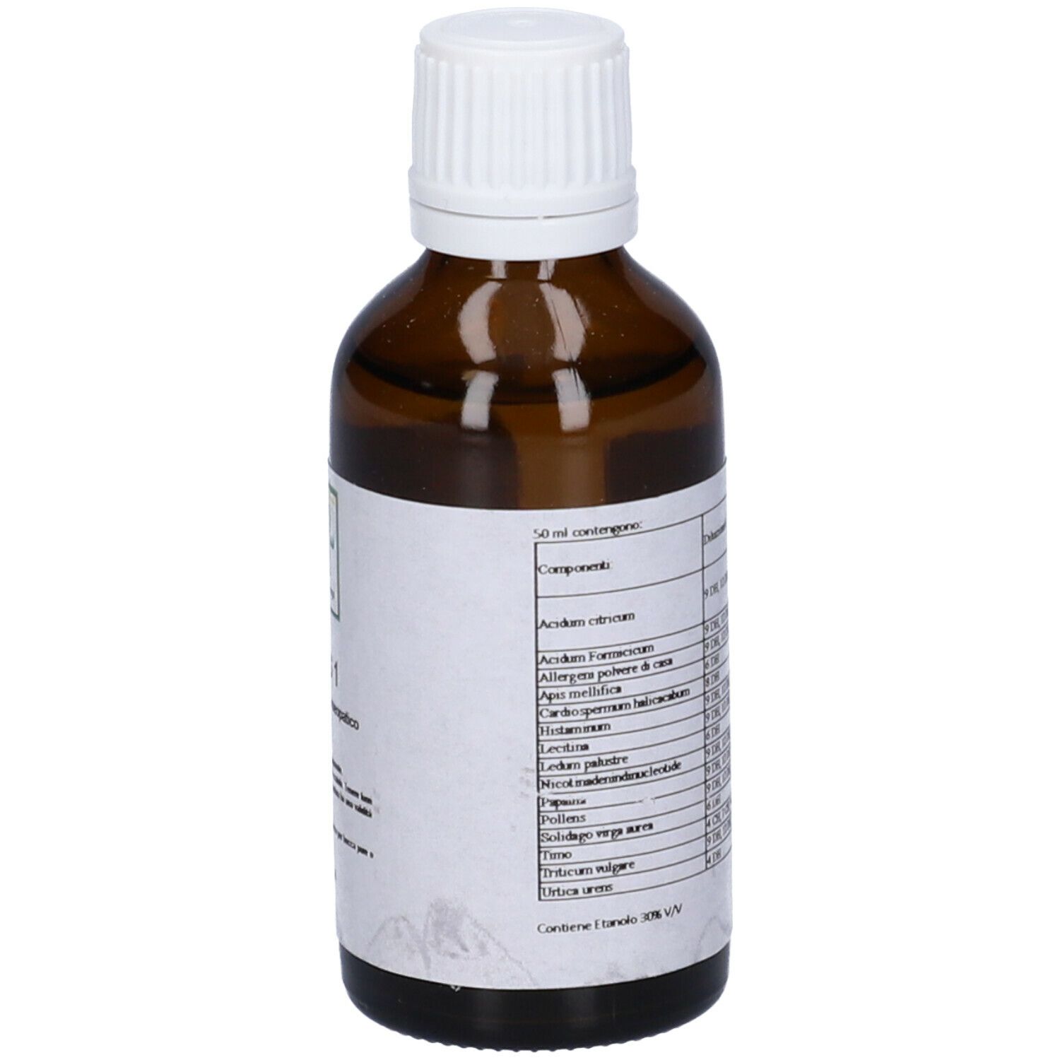 Flacone di vetro marrone con tappo bianco. Etichetta con ingredienti. Testo in italiano. Contiene 50 ml.