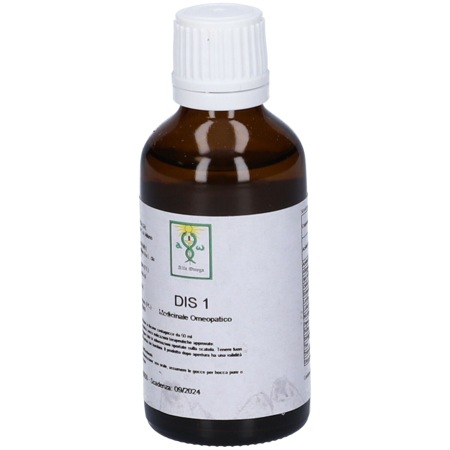 Flacone di vetro marrone con tappo bianco ed etichetta. Scritta: DIS 1, Medicinale Omeopatico. Logo. Etichetta con ingredienti.