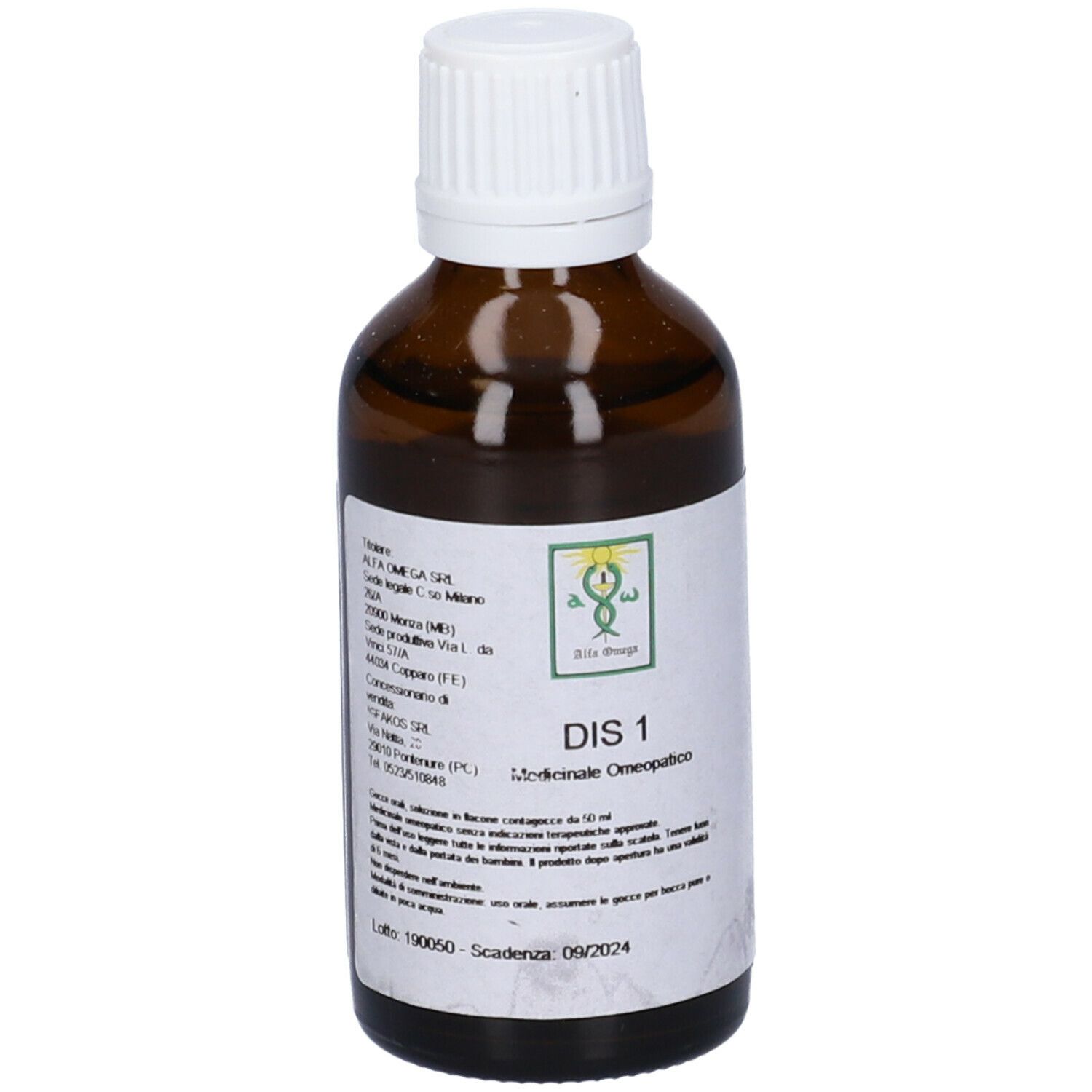 Flacone di vetro marrone con tappo bianco ed etichetta. Scritta: DIS 1, Medicinale Omeopatico. Logo. Etichetta con informazioni.