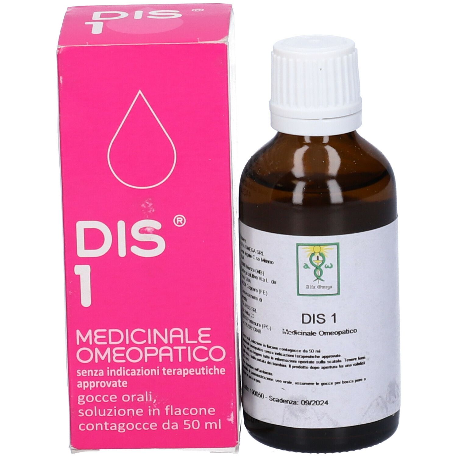 Scatola rosa e flacone di vetro marrone con tappo bianco. Scritta: DIS 1, Medicinale Omeopatico. Contagocce.