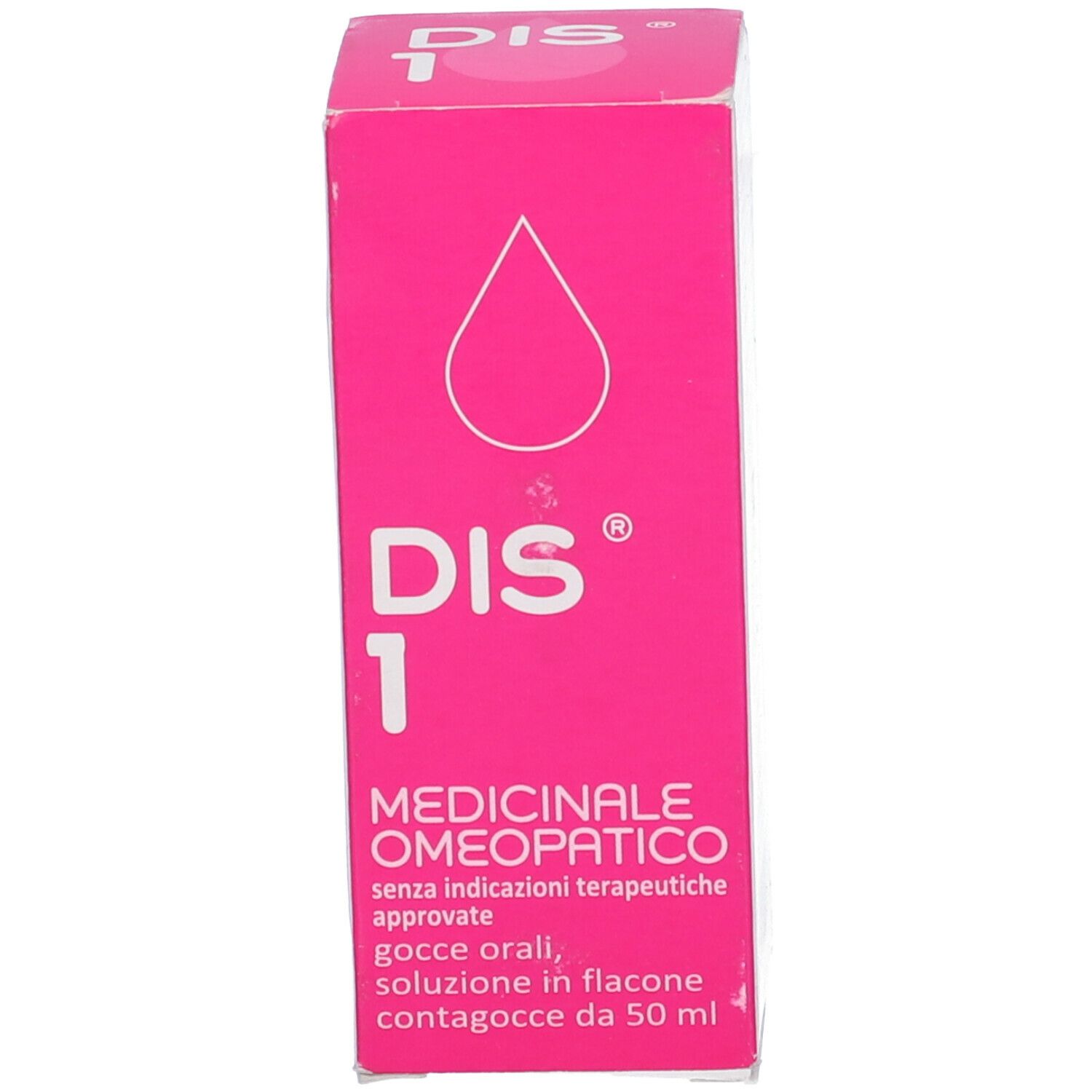 Scatola rosa con scritta: DIS 1, Medicinale Omeopatico. Contagocce. Gocce, soluzione in flacone da 50 ml.