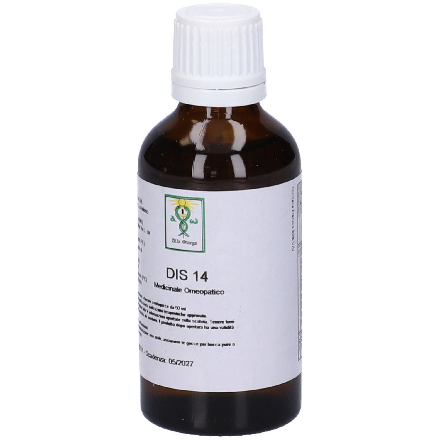 Flacone di vetro marrone con tappo bianco ed etichetta. L'etichetta riporta "DIS 14 Medicinale Omeopatico".