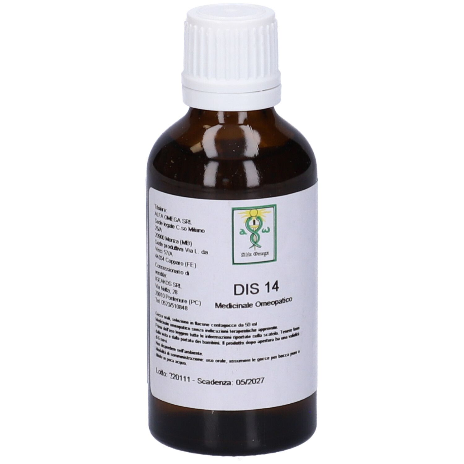 Flacone di vetro marrone con tappo bianco ed etichetta. L'etichetta riporta "DIS 14 Medicinale Omeopatico".