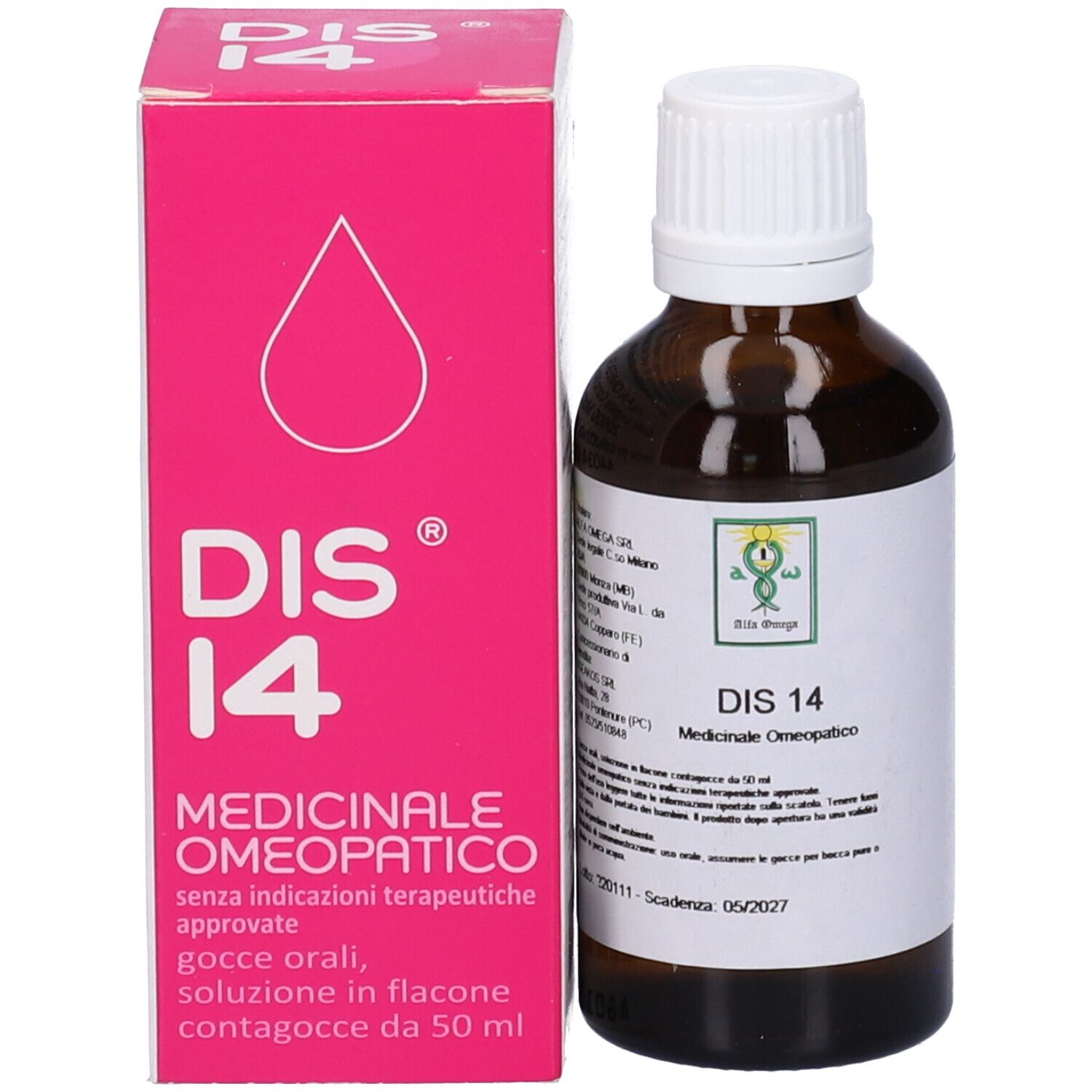 Confezione del prodotto: scatola rosa e flacone marrone con tappo bianco. Sulla scatola c'è scritto "DIS 14".