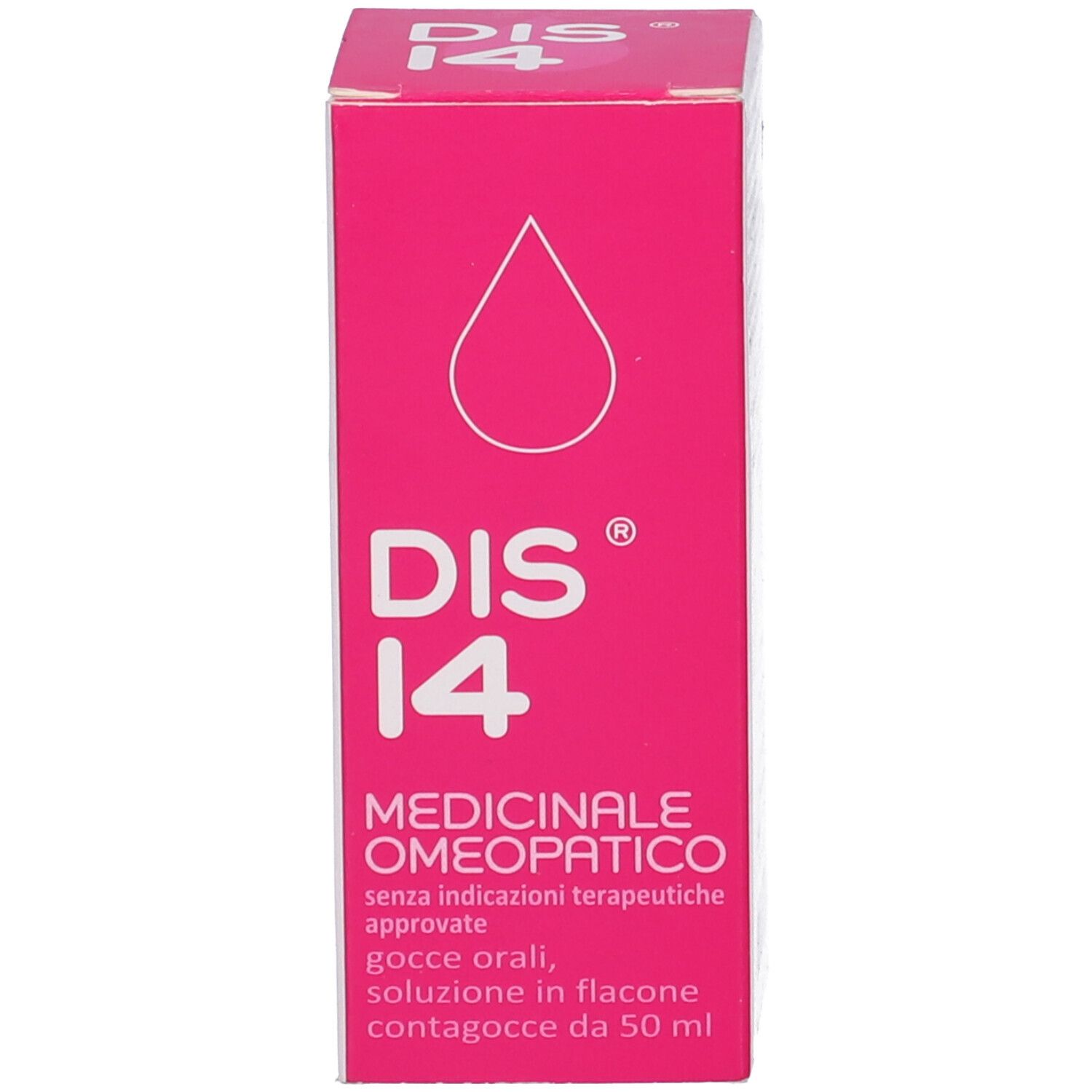 Scatola rosa con testo bianco. Sulla scatola c'è scritto "DIS 14 Medicinale Omeopatico".
