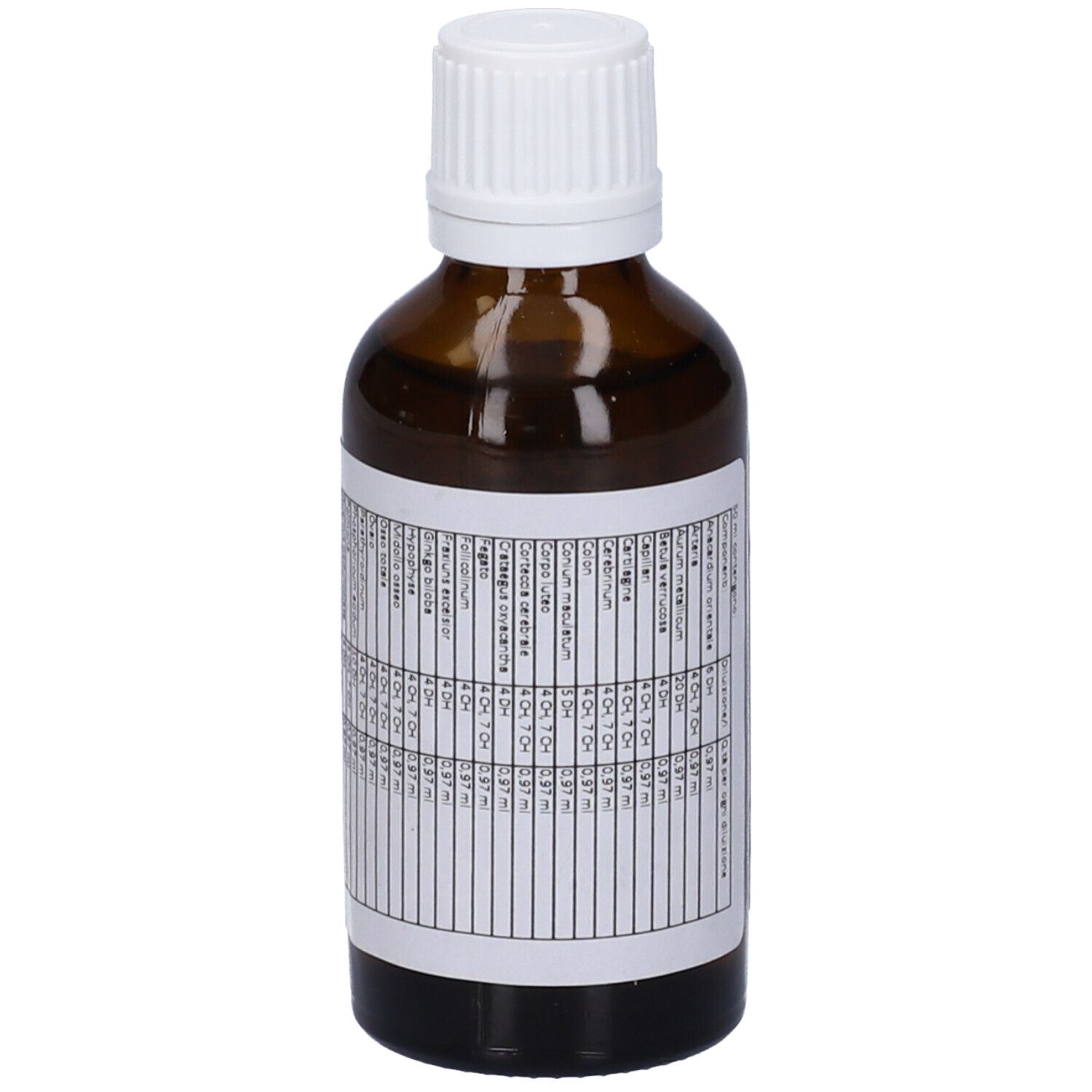 Flacone di vetro marrone con tappo bianco. Etichetta con testo. Nome prodotto: Rige 12. Vista dettagliata dell'etichetta.