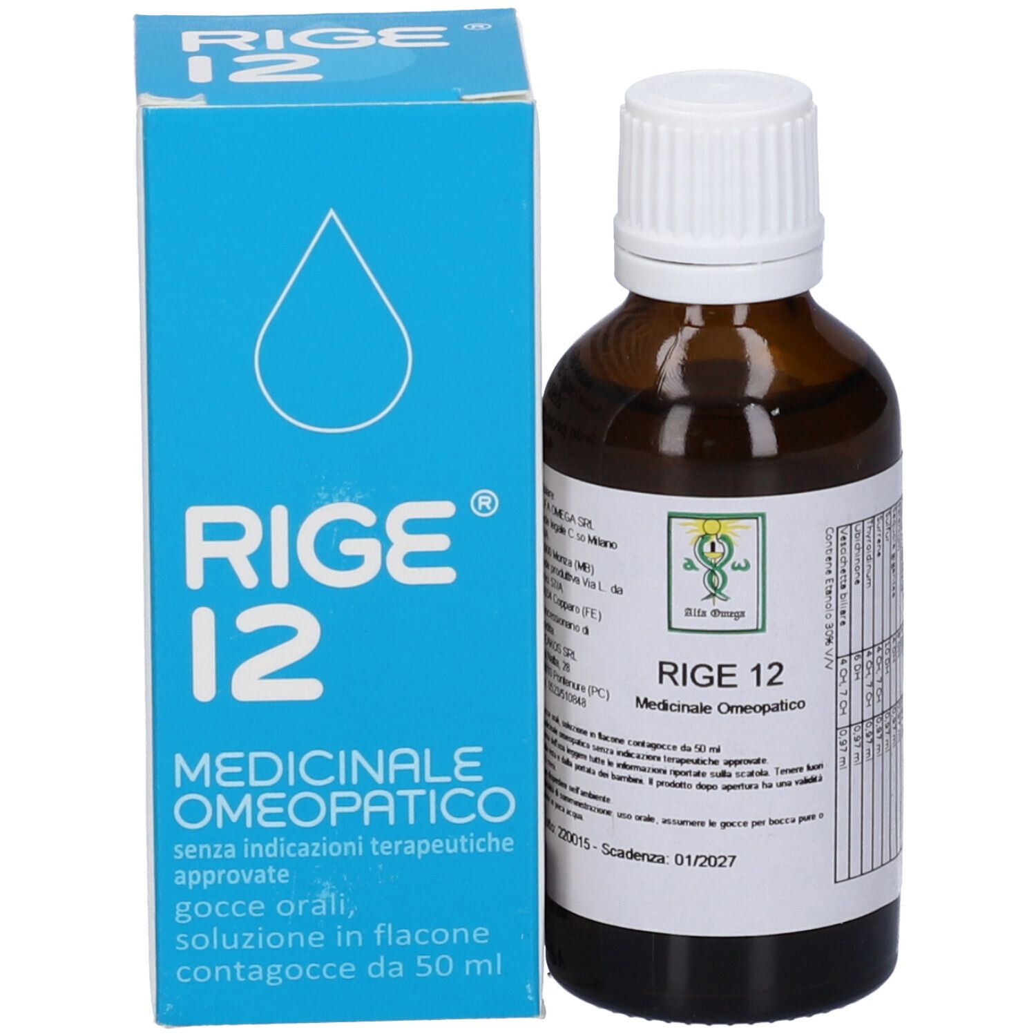 Prodotto Rige 12 e confezione blu. Flacone con tappo bianco. Confezione con nome del prodotto e logo.