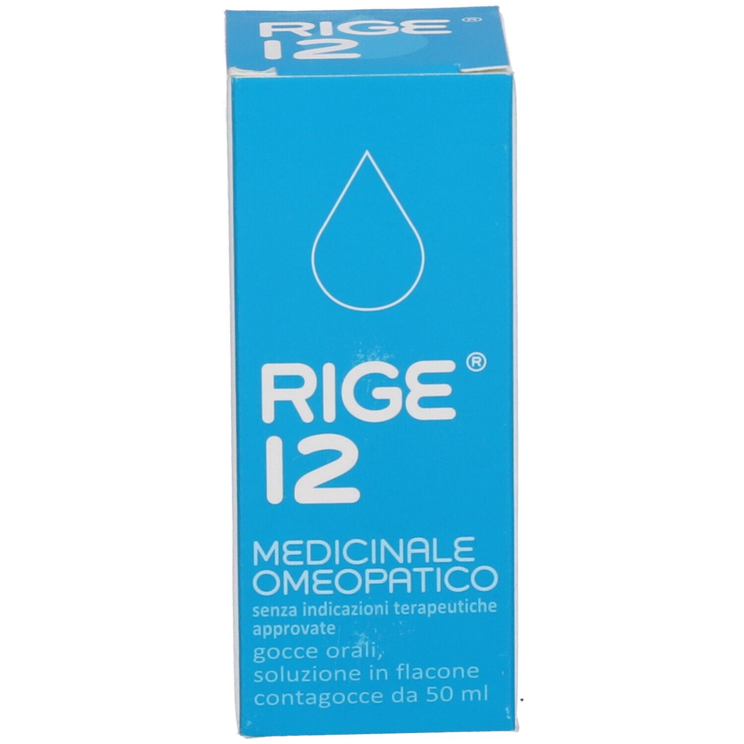 Confezione blu con nome prodotto Rige 12. Logo e informazioni sul prodotto. Simbolo goccia.