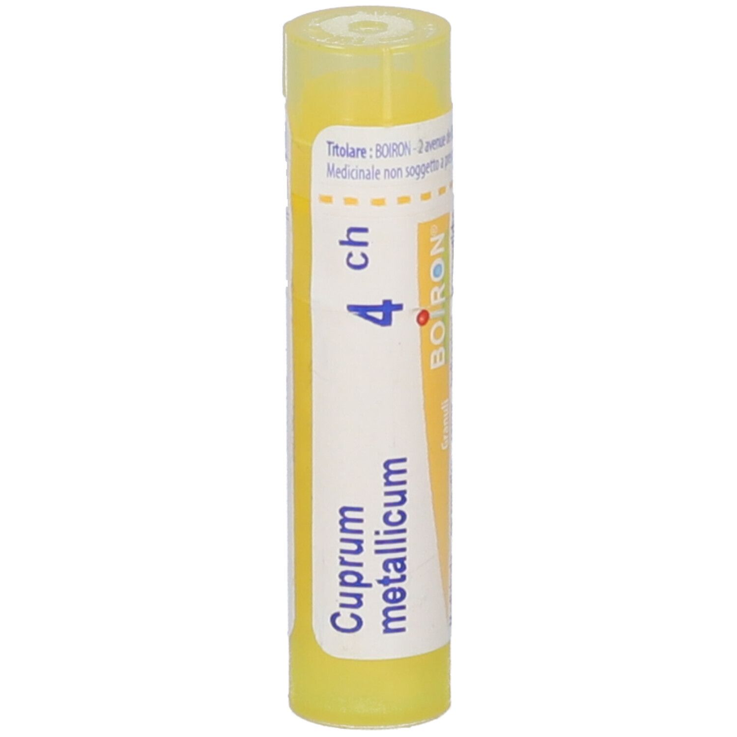 Tubo giallo con scritte bianche. Scritte: Cuprum metallicum 4 ch, BOIRON.