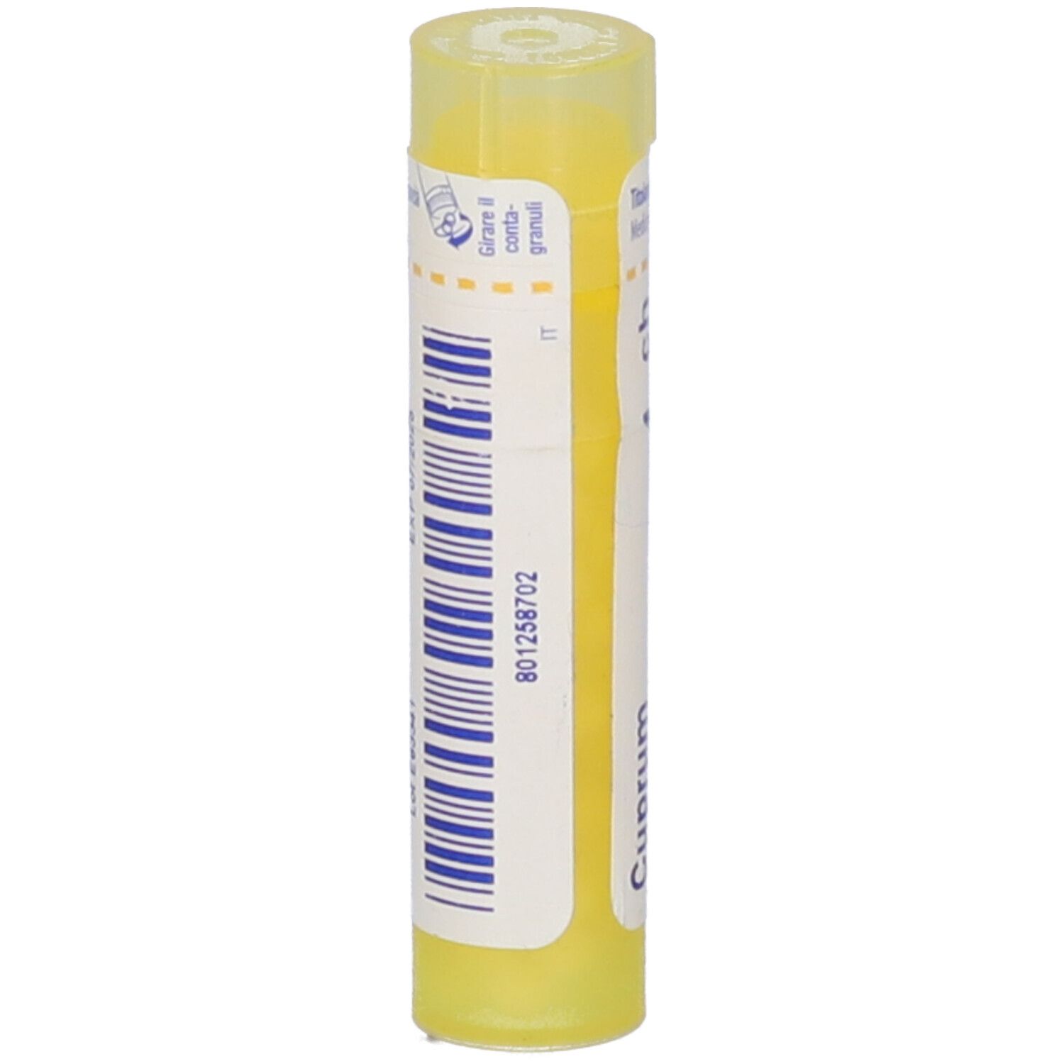 Tubo giallo con scritte bianche e blu. Codice a barre e indicazione IT.