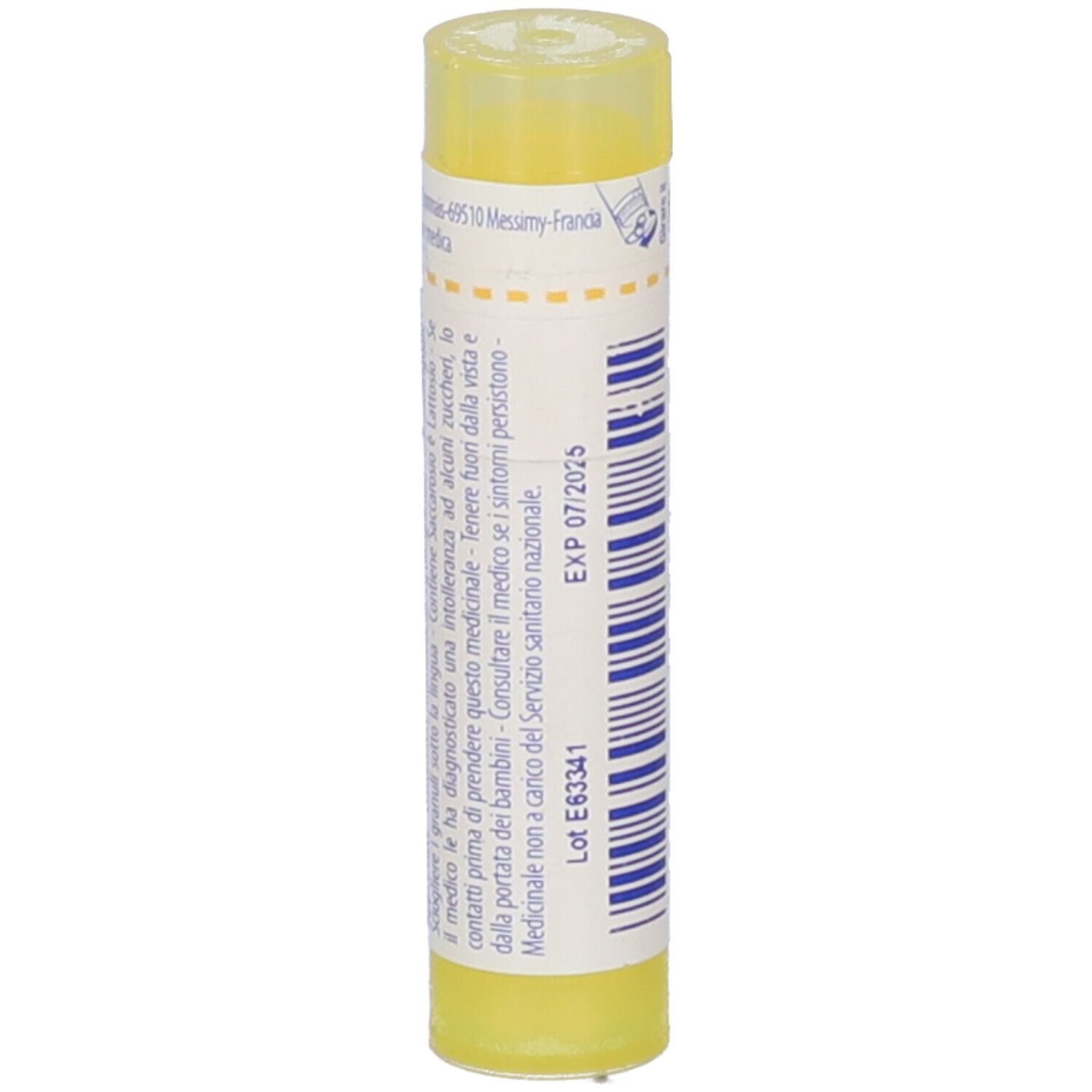 Tubo giallo con scritte bianche. Stampato: EXP 07/2025, Lot E63341.