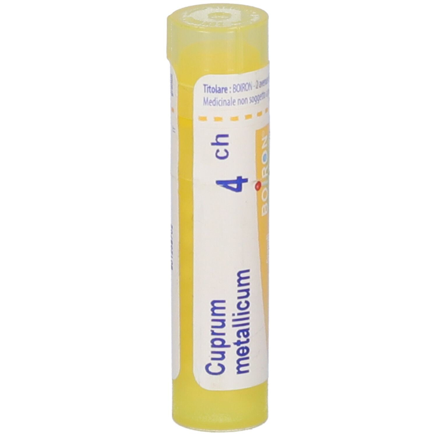 Tubo giallo con scritte bianche. Scritte: Cuprum metallicum 4 ch, BOIRON.