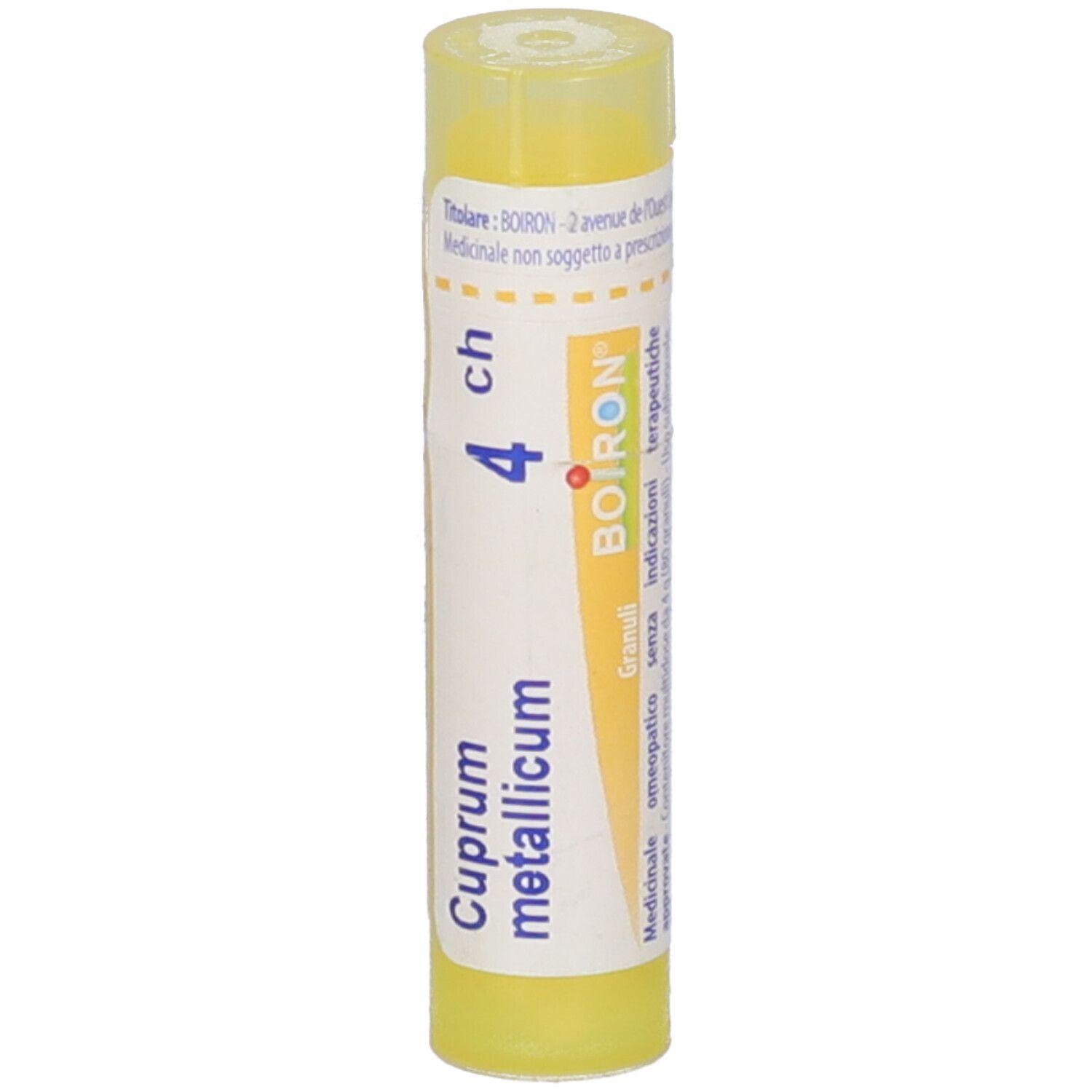 Tubo giallo con scritte bianche. Scritte: Cuprum metallicum 4 ch, BOIRON.