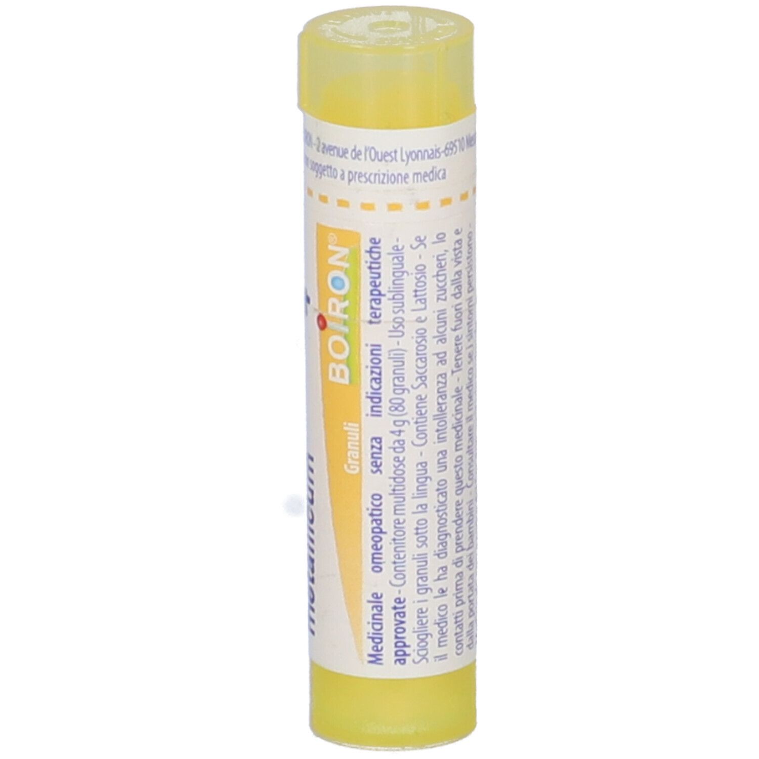 Tubo giallo con scritte bianche. Scritte: Cuprum metallicum Granuli, BOIRON.