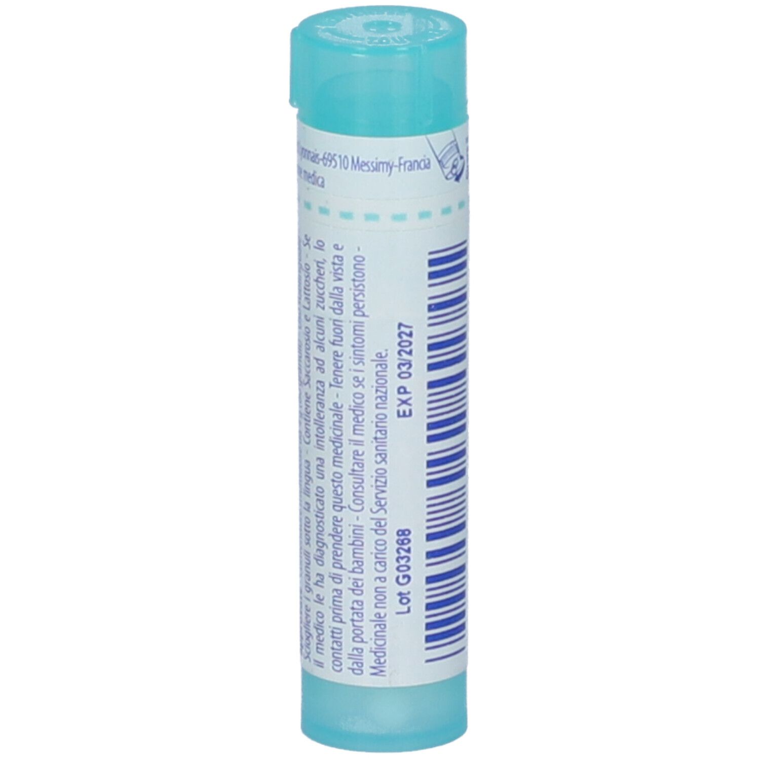 Tubo azzurro chiaro con etichetta bianca. Scritta: Medicinale. Scritta: EXP 03/2027, Lot G03268. Forma cilindrica con coperchio blu.