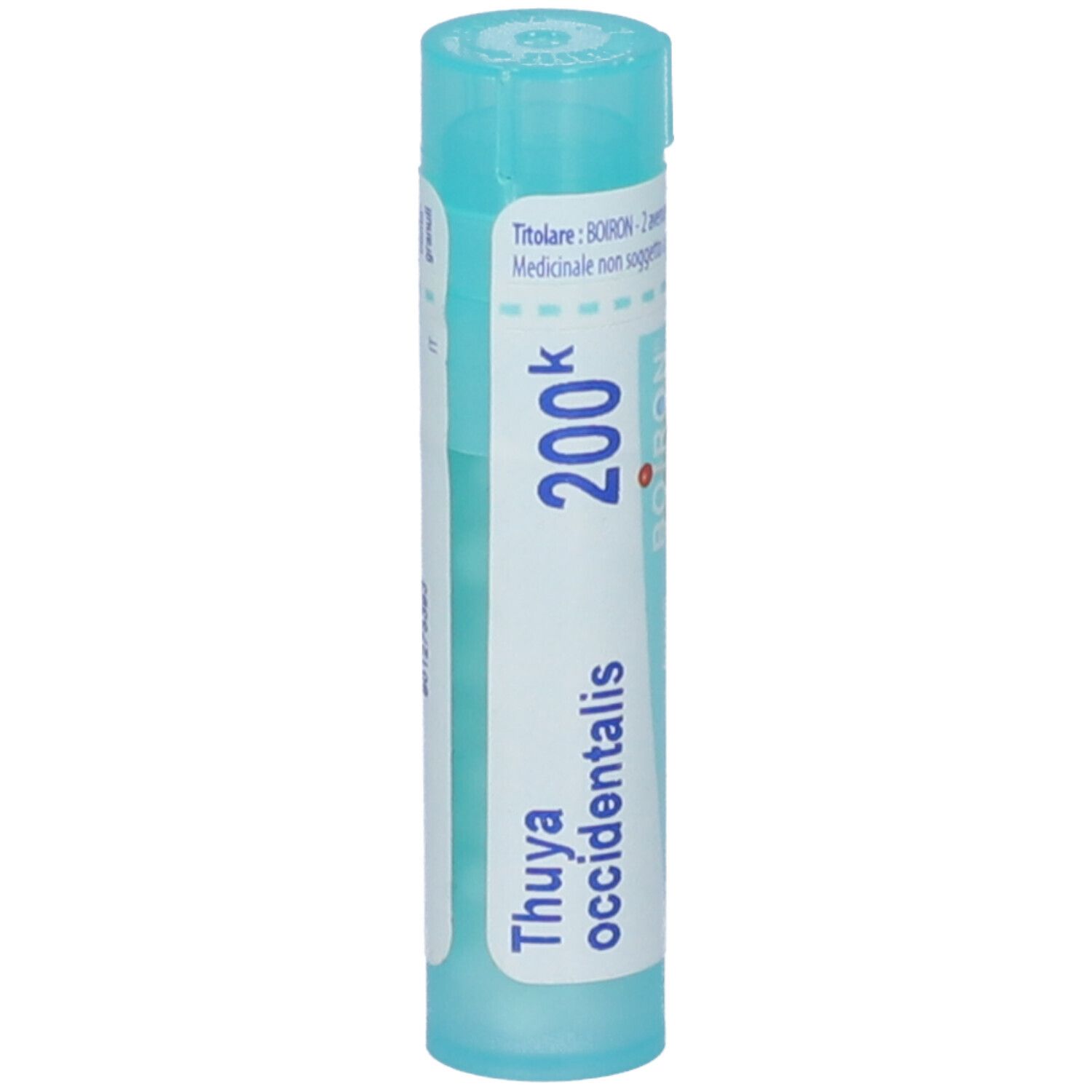 Tubo azzurro chiaro con etichetta bianca. Scritta: Thuya occidentalis 200k, BOIRON. Scritta: Medicinale. Forma cilindrica con coperchio blu.
