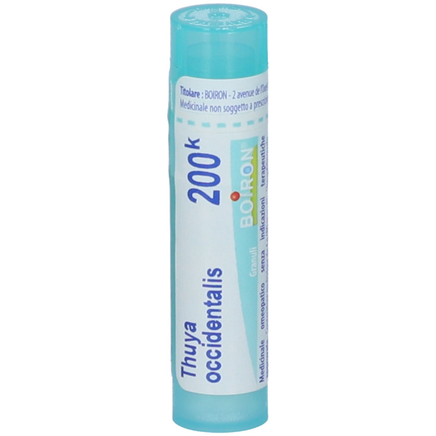 Tubo azzurro chiaro con etichetta bianca. Scritta: Thuya occidentalis 200k, BOIRON. Scritta: Medicinale. Forma cilindrica con coperchio blu.