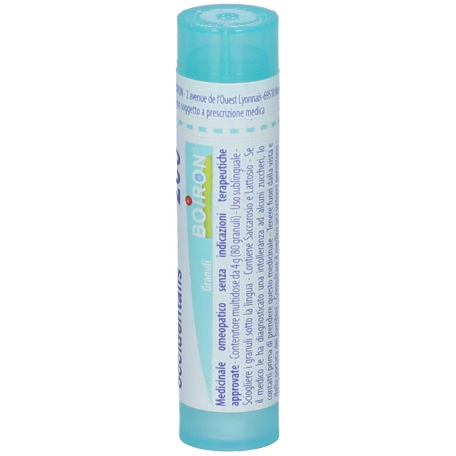 Tubo azzurro chiaro con etichetta bianca. Scritta: Thuya occidentalis, BOIRON. Scritta: Medicinale. Forma cilindrica con coperchio blu.