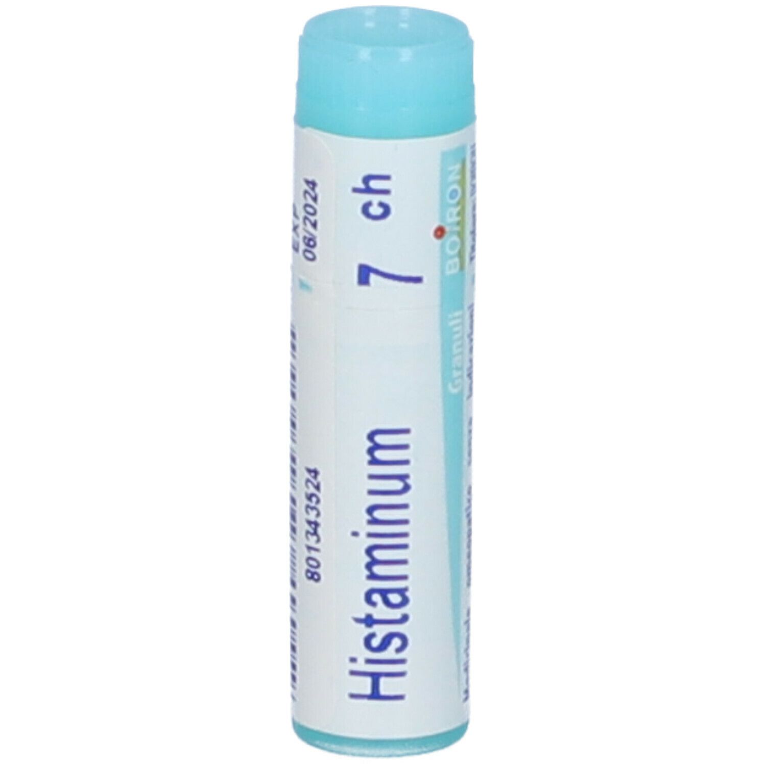 Confezione cilindrica "Histaminum 7 ch". Stampa "EXP 06/2024". Marchio BOIRON. Turchese e bianco.