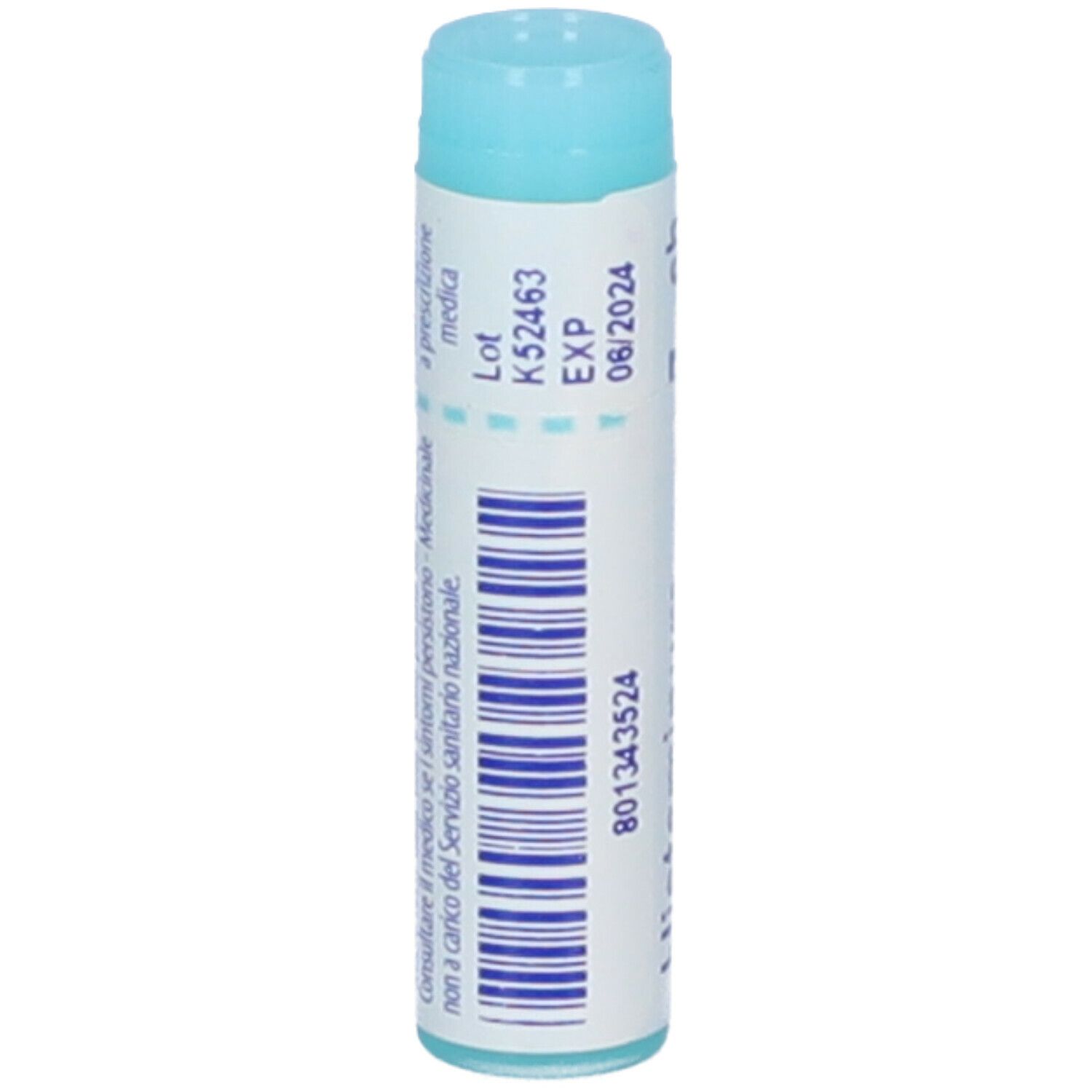 Confezione cilindrica. Stampe: Lot, EXP 06/2024, codice a barre. Turchese e bianco. Marchio BOIRON.