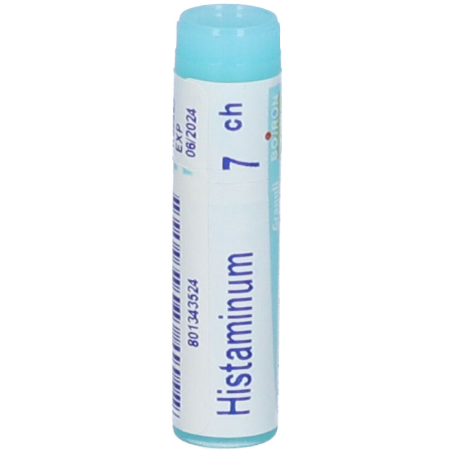 Confezione cilindrica "Histaminum 7 ch". Stampa "EXP 06/2024". Marchio BOIRON. Turchese e bianco.