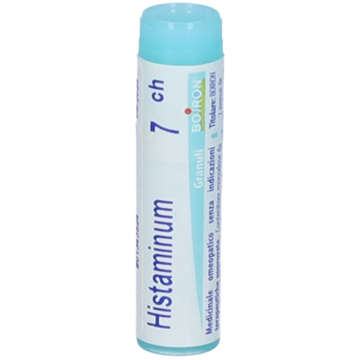 Confezione cilindrica "Histaminum 7 ch". Marchio BOIRON. Testo: Granuli, indicazioni. Turchese e bianco.