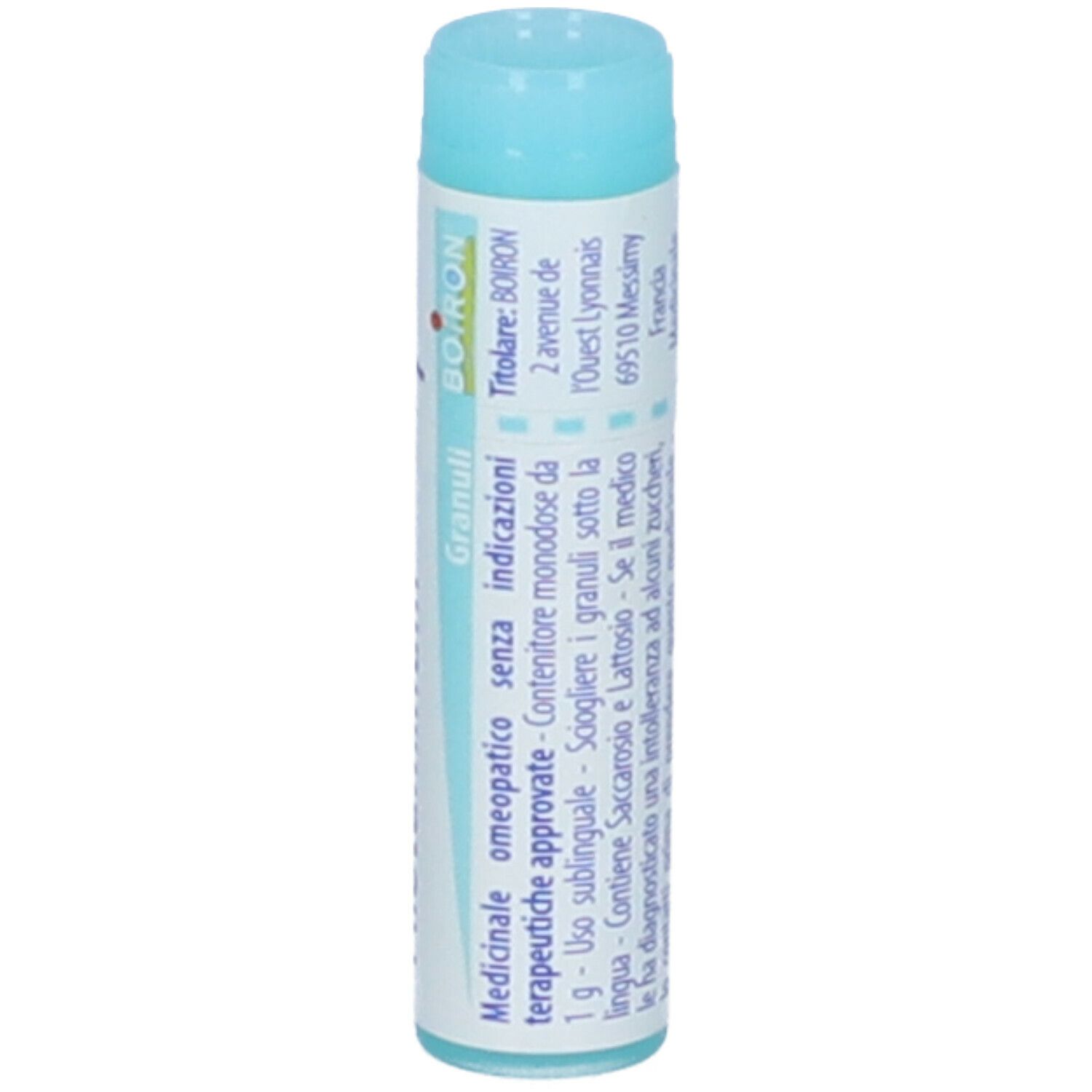 Confezione cilindrica. Testo: Indicazioni mediche, ingredienti. Marchio BOIRON. Turchese e bianco.