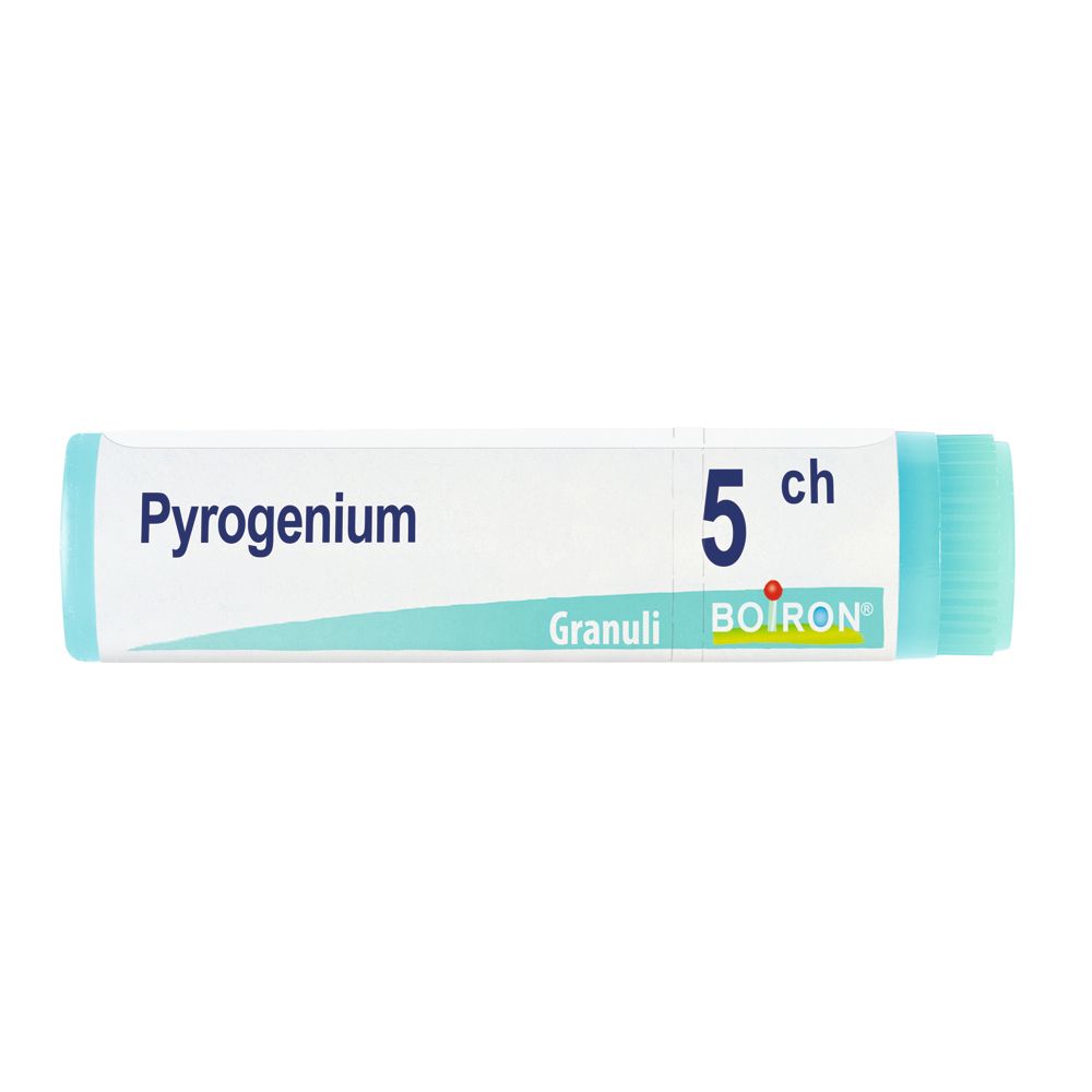 Confezione cilindrica con tappo blu. Scritta: Pyrogenium, 5 ch, Granuli, Boiron.