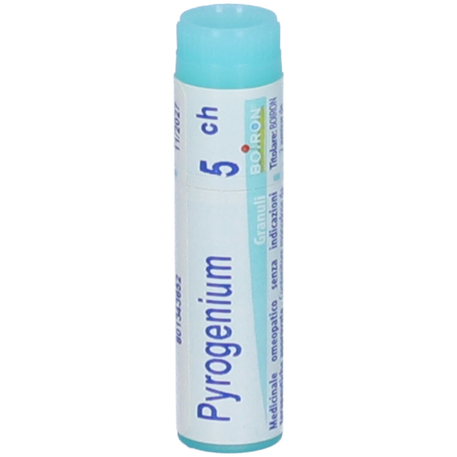 Confezione cilindrica con tappo blu. Scritta: Pyrogenium, 5 ch, Boiron, Granuli.