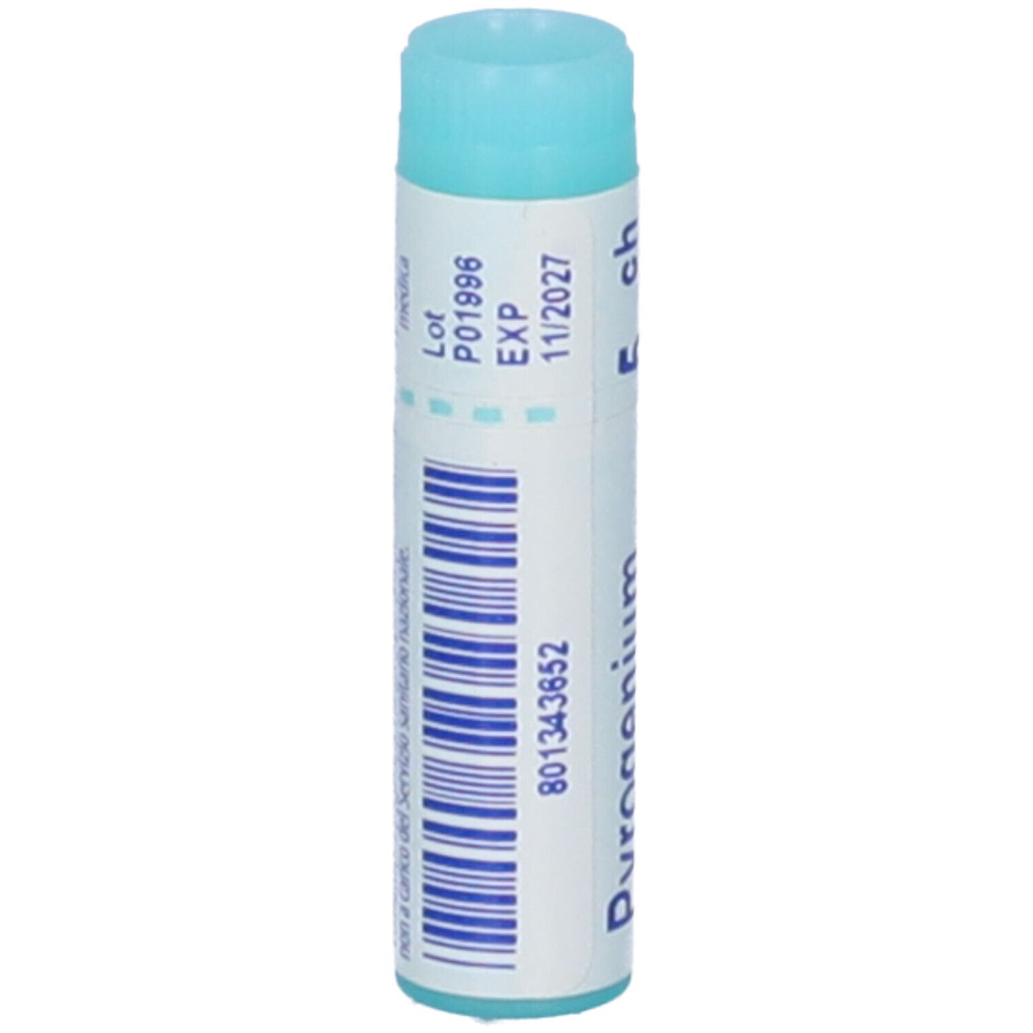 Confezione cilindrica con tappo blu. Scritta: Pyrogenium, 5 ch, EXP 11/2027, Lot.