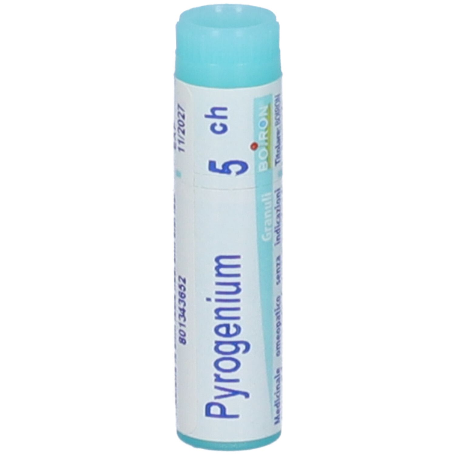 Confezione cilindrica con tappo blu. Scritta: Pyrogenium, 5 ch, Boiron, Granuli.