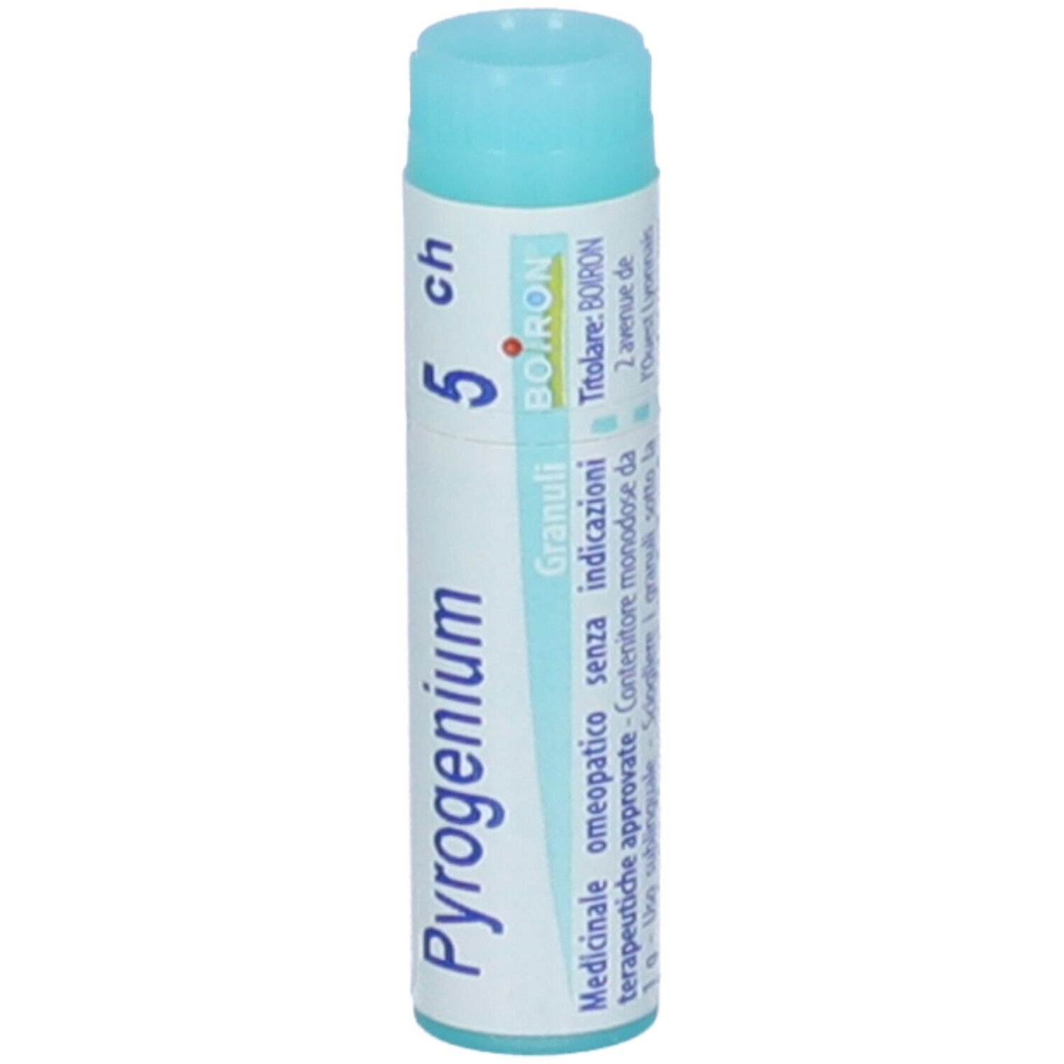 Confezione cilindrica con tappo blu. Scritta: Pyrogenium, 5 ch, Boiron, Granuli.