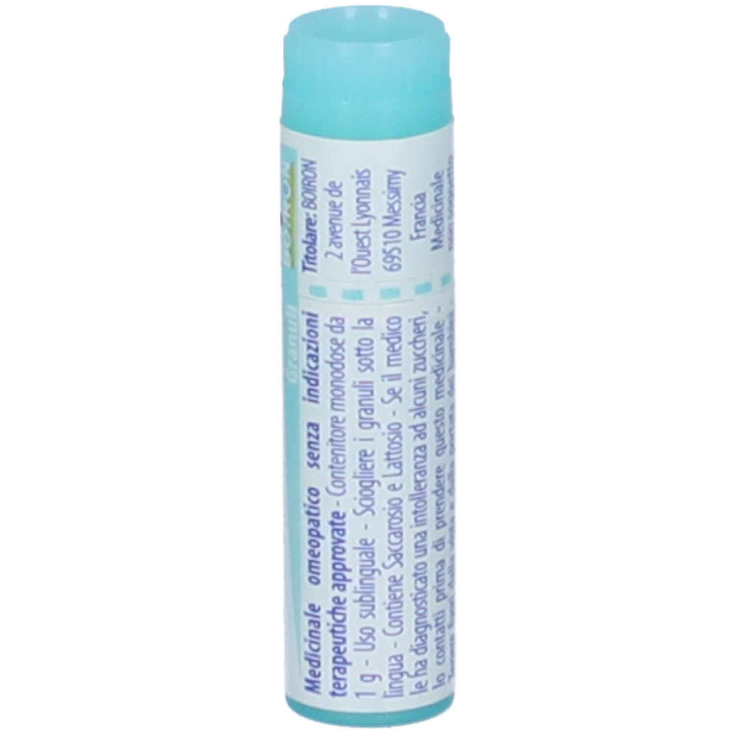 Confezione cilindrica con tappo blu. Scritta: Pyrogenium, 5 ch, Boiron, Granuli.